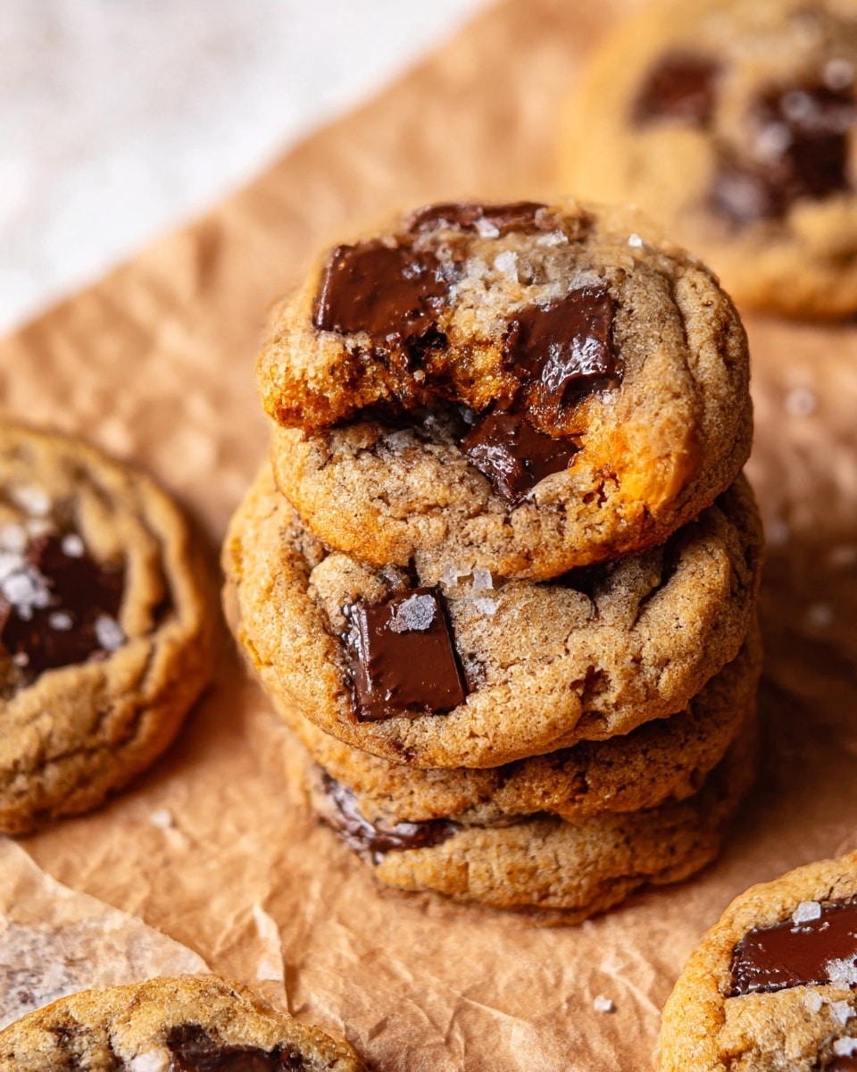 The image shows a stack of four round, golden-brown chocolate chip cookies with a slightly crispy edge and soft center. The top cookie has a bite taken from it, revealing a soft, gooey inside with melted dark chocolate chunks. Large chocolate chunks are embedded in the surface of the cookies, glistening and melting, with a light sprinkle of coarse salt on top. The cookies rest on crumpled light brown parchment paper, with more cookies scattered loosely in the background, all placed on a white marbled surface. photo taken with an iphone --ar 4:5 --v 7