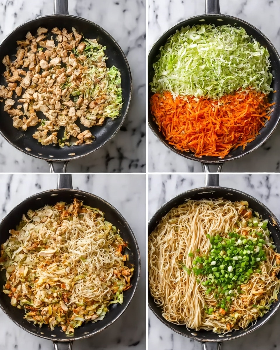 The image shows six steps of cooking in a black frying pan on a white marbled surface. The first layer has small, light brown pieces of cooked chicken spread out evenly. The second layer shows a mix of shredded green cabbage on top and shredded orange carrots on the side. The third step combines the cooked chicken mixed with the shredded cabbage and carrots. The fourth layer adds a large amount of light beige cooked noodles on top. The fifth step shows the noodles stirred and mixed with the chicken and vegetables, creating a blended dish with various textures and colors. The final layer adds chopped green onions on top, giving a fresh green touch. Photo taken with an iphone --ar 4:5 --v 7
