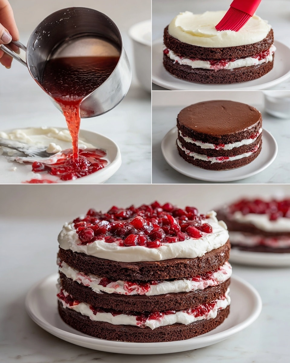 The image shows the process of making a layered chocolate cake with cream and cherries. The first layer is a dark chocolate cake soaked with red syrup, poured from a metal measuring cup over the white marbled surface. The second layer is the same chocolate cake on a white plate, with a red brush spreading syrup over it. The third layer is a smooth light cream being spread with a white spatula on the chocolate cake. The fourth layer has a generous amount of chopped red cherries placed on top of the cream on the chocolate cake. The fifth image shows another chocolate cake layer carefully placed over the cream and cherry layer. The final image shows a triple-layered chocolate cake with cream layers and cherries between each dark chocolate cake, stacked neatly on the white plate. photo taken with an iphone --ar 4:5 --v 7