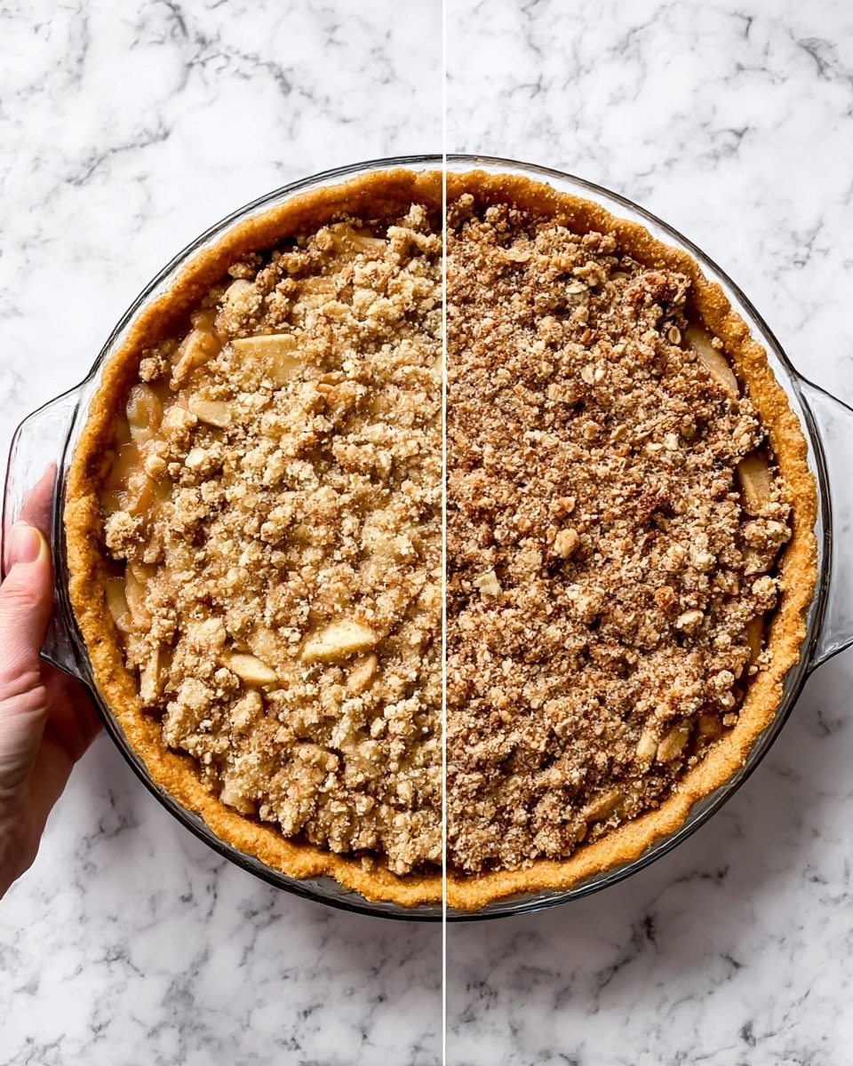 The dish is a round pie with three visible layers. The bottom layer is a thick, golden-brown crumbly crust forming the edge in a uniform circle. The middle layer appears to be sliced apples, visible through gaps in the crumb topping, with a light tan color and slightly soft texture. The top layer is a crumbly oat and nut mixture, light brown and coarse, spread evenly over the apples. The pie is placed in a clear glass dish with small handles on each side, resting on a white marbled surface. On the left side, a woman's hand is holding the dish handle. Photo taken with an iphone --ar 4:5 --v 7