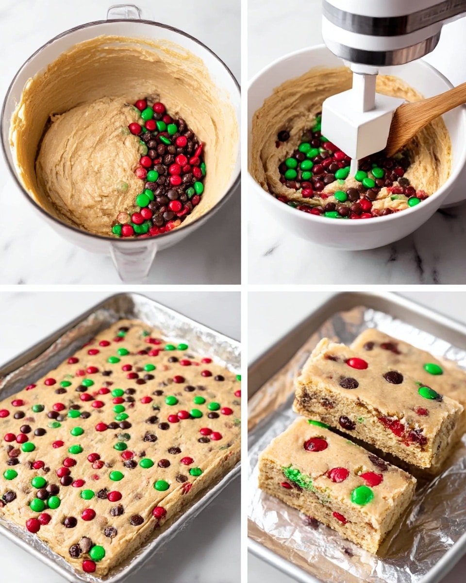 The image shows several square bars with a soft, light brown base mixed with chocolate chips and green and red candy pieces evenly spread throughout. The bars appear thick, with a slightly crumbly texture on the edges and a moist inside, placed closely together on a white marbled surface. The focus is on the center bar, showing its layered inside with colorful candy and dark chocolate spots, giving a festive look. The background bars are slightly blurred, emphasizing the front piece's texture and colors. photo taken with an iphone --ar 4:5 --v 7