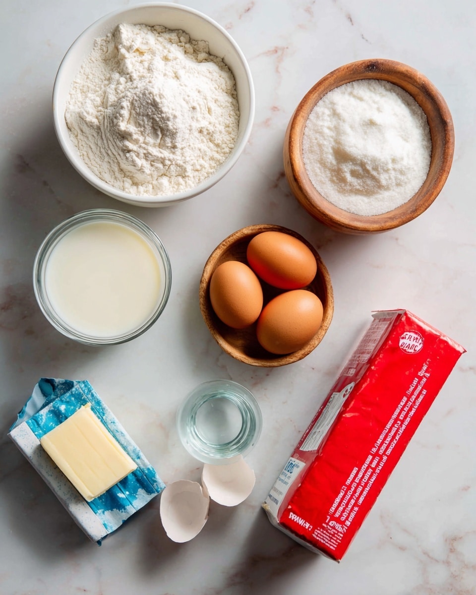 The image shows a flat white marbled surface with several cooking ingredients arranged neatly. There is a small white bowl filled with white flour, a clear glass jar filled with milk, a small wooden bowl with white salt, two brown eggs and one white egg, a clear glass cup with water, a stick of butter in blue and white paper, and a red carton of heavy whipping cream. The colors contrast well with the white marbled surface, making each ingredient stand out clearly. photo taken with an iphone --ar 4:5 --v 7