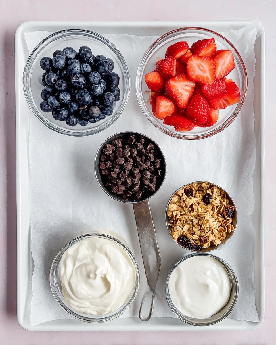 The image shows a white tray lined with white parchment paper, placed on a white marbled texture surface. On the tray, there are five small clear glass containers arranged evenly. At the top right, one bowl is filled with bright red chopped strawberries with a juicy texture. To its left, another bowl is filled with dark blue and plump blueberries. Below the blueberries, a small bowl has smooth, shiny dark chocolate chips. Next to it on the right side, a metal measuring cup holds crunchy golden granola with some dark raisins. At the bottom left, a white container has creamy white yogurt with a silver spoon inside. Next to it at the bottom right, another metal measuring cup holds thick white yogurt. The arrangement is neat, colorful, and fresh. Photo taken with an iphone --ar 4:5 --v 7