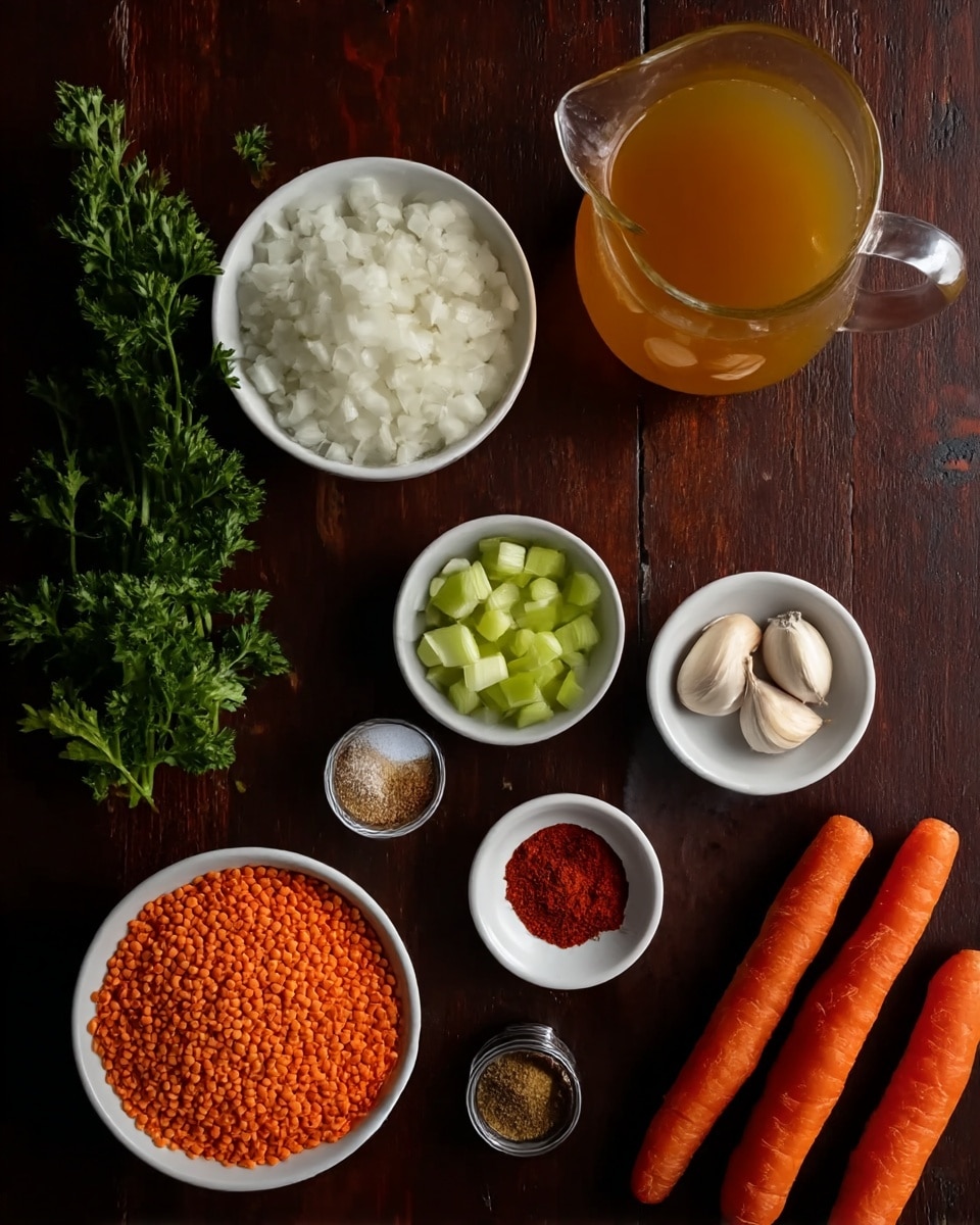 The image shows a dark wooden table with neatly arranged ingredients for cooking. In the center, there is a white bowl filled with chopped white onions. Above it, there is a glass pitcher filled with golden broth. To the right of the onions, there is a small white bowl holding three cloves of garlic, and nearby a small white bowl containing red spice powder. Below the onions, there is a small white bowl with light green diced celery and surrounding it are small containers of various spices including brown spices, coarse salt, and red spice powders. To the left, there is a bunch of fresh green parsley, and next to it, a white bowl filled with uncooked orange lentils. On the lower right side, three tall bright orange carrots lie horizontally. The whole setup is on a white marbled texture surface. Photo taken with an iphone --ar 4:5 --v 7