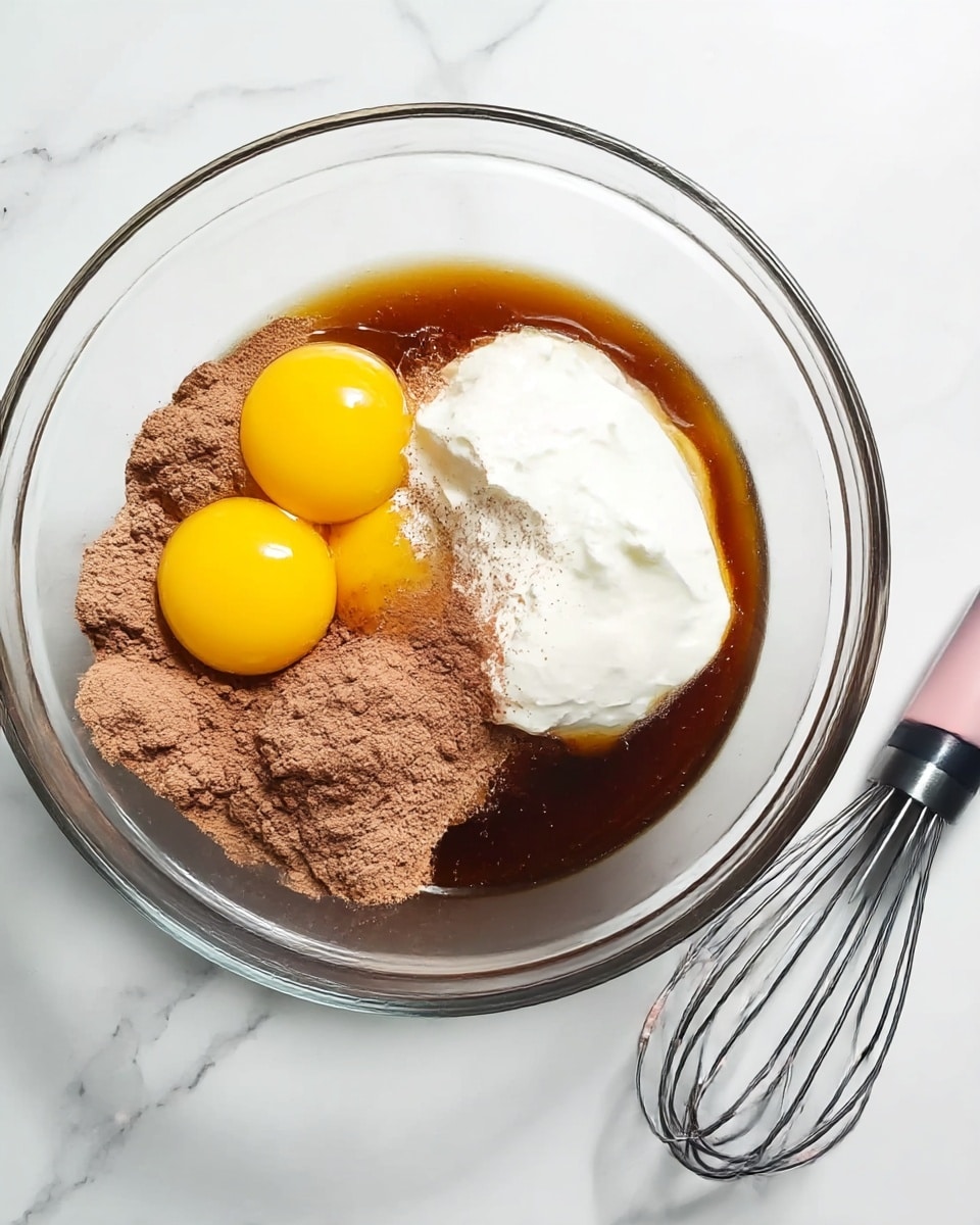 A clear glass bowl filled with layers of ingredients sits on a white marbled surface. The bowl contains three bright yellow eggs clustered together near the top left. Around the eggs, there are clumps of light brown cocoa powder on the left side. On the right, a dollop of smooth white yogurt rests on top of a dark amber liquid that fills the rest of the bowl. To the right of the bowl, there is a metal whisk with a black and pink grip handle laying flat on the white marbled surface. Photo taken with an iphone --ar 4:5 --v 7