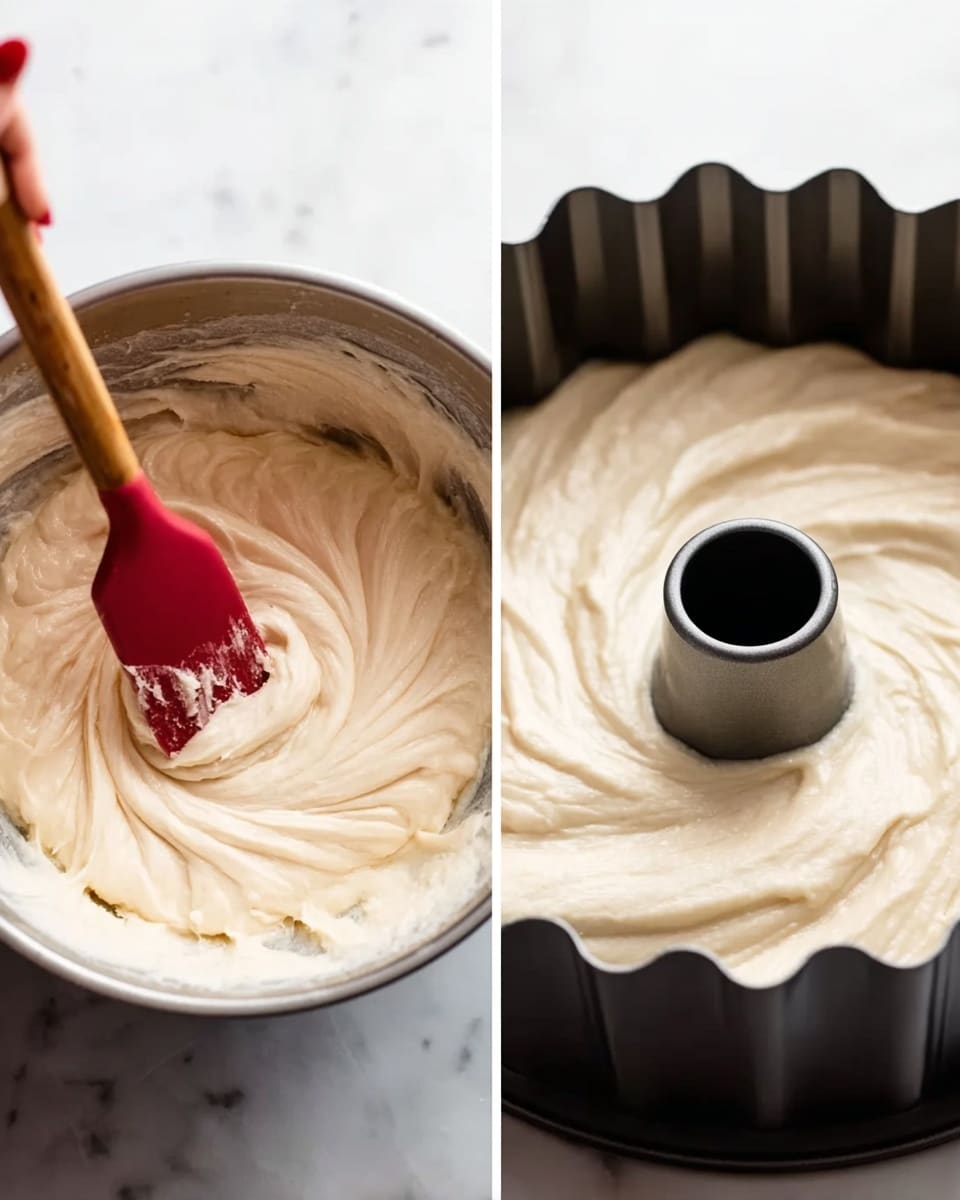 The image shows two close-up views of a thick, creamy white batter. In the left view, a woman's hand holds a red spatula with a wooden handle, swirling the smooth batter in a mixing bowl. The batter looks soft and thick, with swirls and folds. In the right view, the batter is evenly spread inside a dark grey bundt cake pan with a central hole and fluted sides, filling the pan almost to the top. The background is a white marbled surface. photo taken with an iphone --ar 4:5 --v 7