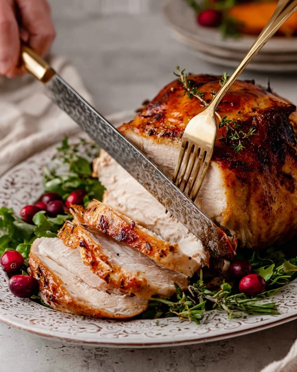 A golden brown roasted turkey with a crispy skin is being sliced on a white patterned plate. The turkey is partially cut into thick layers showing juicy, light-colored meat inside. Fresh green herbs surround the turkey, along with small bright red cranberries scattered around the plate. A woman's hand holds a golden fork steadying the turkey while a large textured knife cuts the meat. In the background, there is a white marbled surface with another dish blurred out. photo taken with an iphone --ar 4:5 --v 7