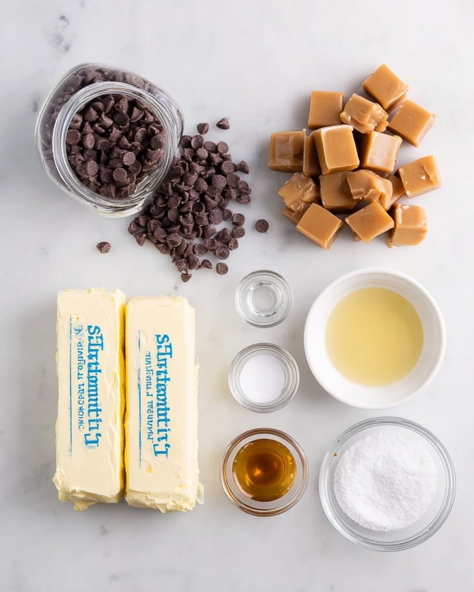 The image shows ingredients neatly placed on a white marbled surface. There are two sticks of salted butter at the bottom left, light yellow in color with blue writing on the wrapping. Above them, a glass jar tipped over spilling dark brown chocolate chips. Near the top center, a pile of light brown caramel squares is scattered. To the right, a small white bowl holds a pale yellow liquid, likely melted butter or oil. Around them are several small glass containers with white or colorless ingredients, such as sugar and vanilla extract. Everything is well spaced and clearly visible. Photo taken with an iphone --ar 4:5 --v 7
