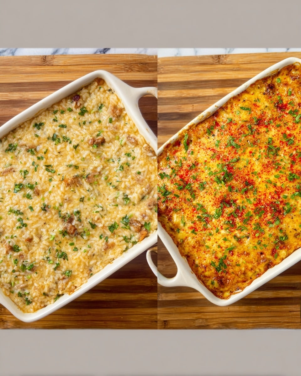 Two square white casserole dishes sit side by side on a white marbled surface with wooden cutting boards beneath them. The left dish shows a creamy rice mixture with bits of meat and herbs throughout, having a soft, moist texture. The right dish is topped with a baked golden cheese layer, sprinkled with green herbs and red seasoning, creating a slightly crispy, textured top. The handles on both dishes are visible, and the lighting highlights the warm, inviting colors of the food. photo taken with an iphone --ar 4:5 --v 7