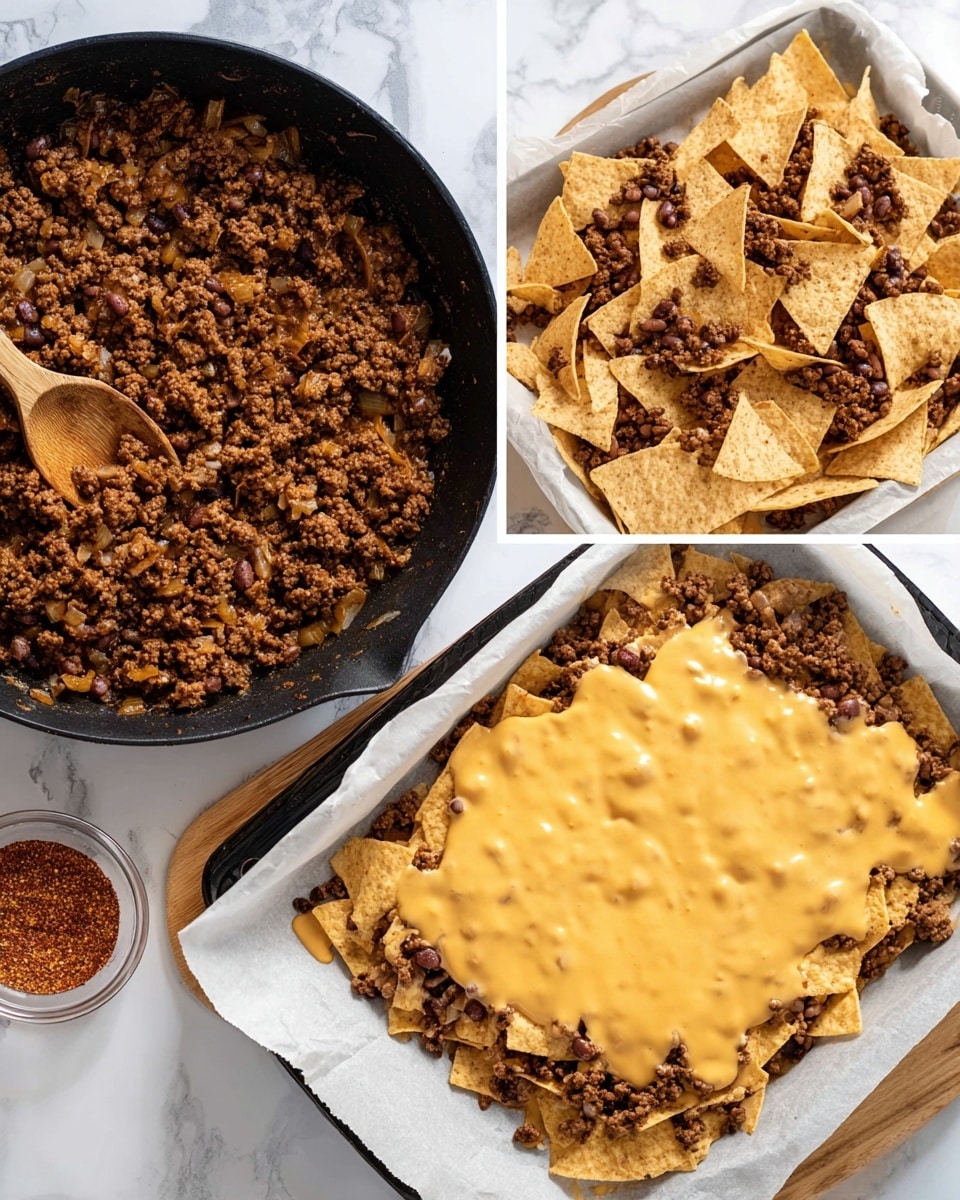 The image shows three parts of a dish preparation. The first part is a black skillet filled with cooked, crumbled ground meat mixed with small pieces of onions, having a browned and slightly moist texture. Next to it, there is a white parchment-lined tray with a layer of light beige tortilla chips scattered evenly, topped with browned ground meat and smeared beans in a patchy pattern. The last part shows the same tray with an added third layer of smooth, melted yellow cheese sauce poured over the meat and chips, covering most of the top with a creamy texture. All are placed on a white marbled surface with a wooden spoon and a small bowl of red seasoning visible nearby, photo taken with an iphone --ar 4:5 --v 7