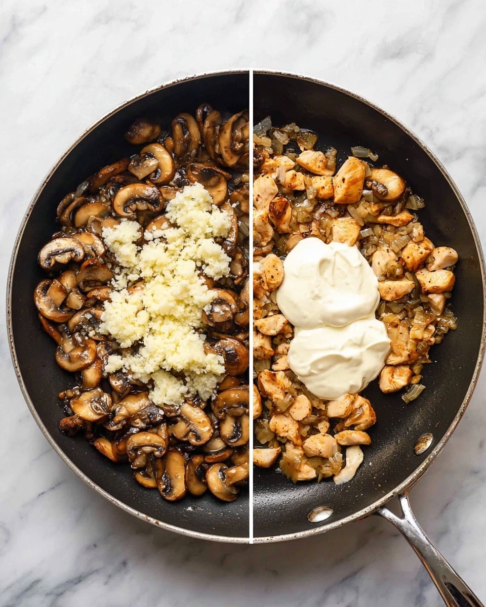 In a black pan on a white marbled surface, the left side shows sliced mushrooms in a light to dark brown range, with small bits of cooked onion beneath, topped with two dollops of light beige sauce and a small pile of finely chopped white garlic at the center. On the right side, the pan contains the same mushrooms and onions mixed with small chunks of cooked golden-brown chicken pieces layered evenly, topped with a large dollop of thick white cream in the center. Photo taken with an iphone --ar 4:5 --v 7