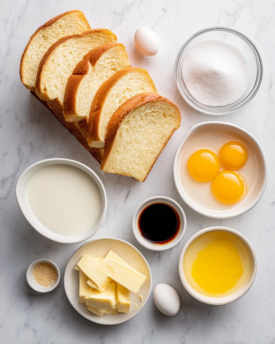 The image shows six groups of ingredients neatly arranged on a white marbled surface. On the left, there are seven slices of light golden brioche bread stacked leaning against each other. To the right and spread out are five small white bowls with ingredients: one bowl with white sugar crystals, one bowl with light cream, one with milk, a small bowl with dark brown vanilla extract, a transparent bowl with four bright yellow egg yolks, and another bowl with light yellow melted butter. Each ingredient is labeled clearly with black text on white tags above or near the bowls. The setup is bright and clean, with soft natural lighting highlighting the textures and colors. photo taken with an iphone --ar 4:5 --v 7