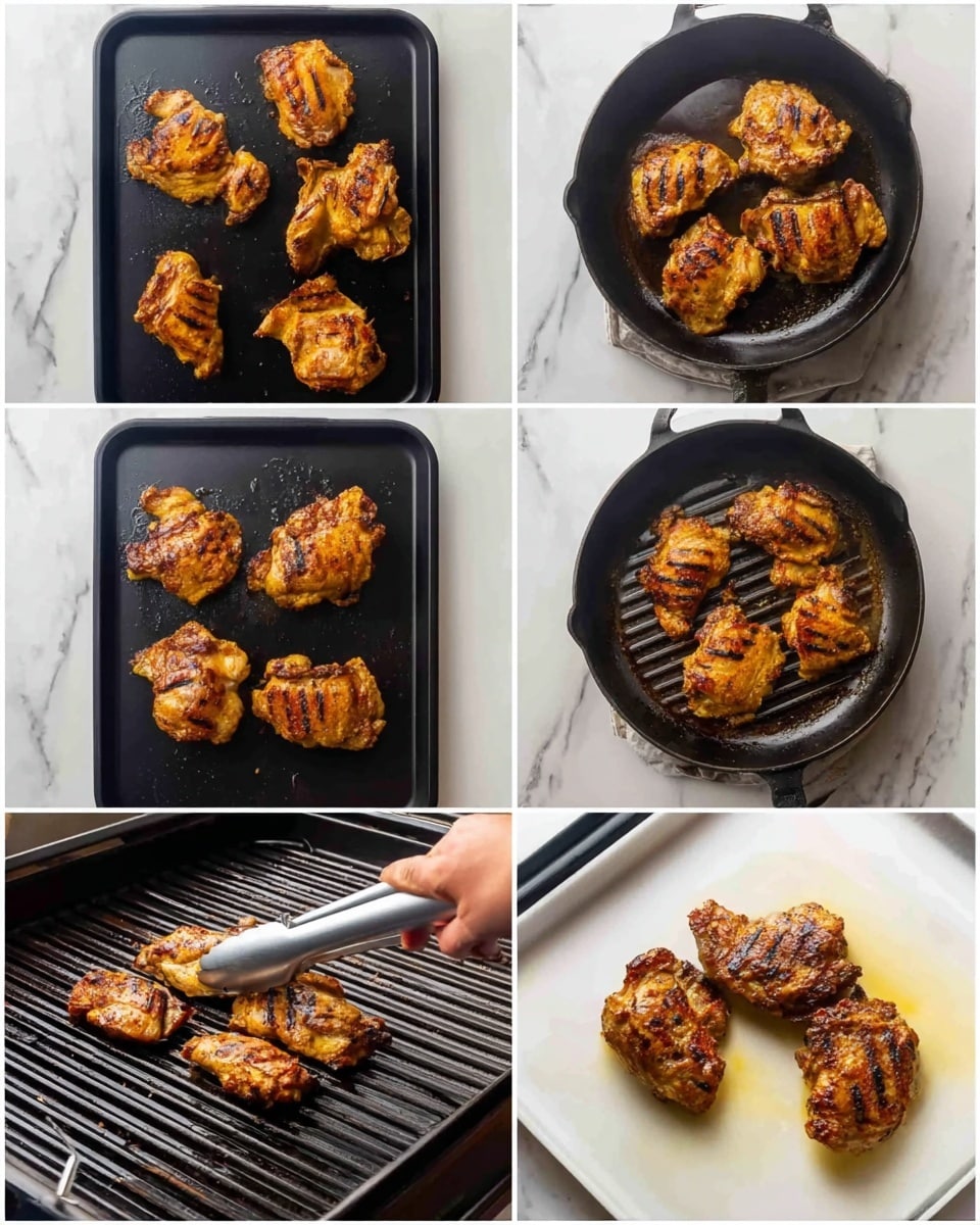 The image shows six steps of cooking marinated chicken thighs. The first two images show the raw marinated chicken thighs laid out on a black baking tray with a white marbled background. The next two images show the chicken thighs frying in a black cast iron pan, turning golden brown with slightly crispy edges. The fifth image shows a woman's hand using metal tongs to place the browned chicken thighs on a grill with black grill lines below. The final image shows the grilled chicken thighs with dark grill marks on a white baking tray on top of a white marbled surface. The chicken has a rich golden brown color with some charred spots. Photo taken with an iphone --ar 4:5 --v 7