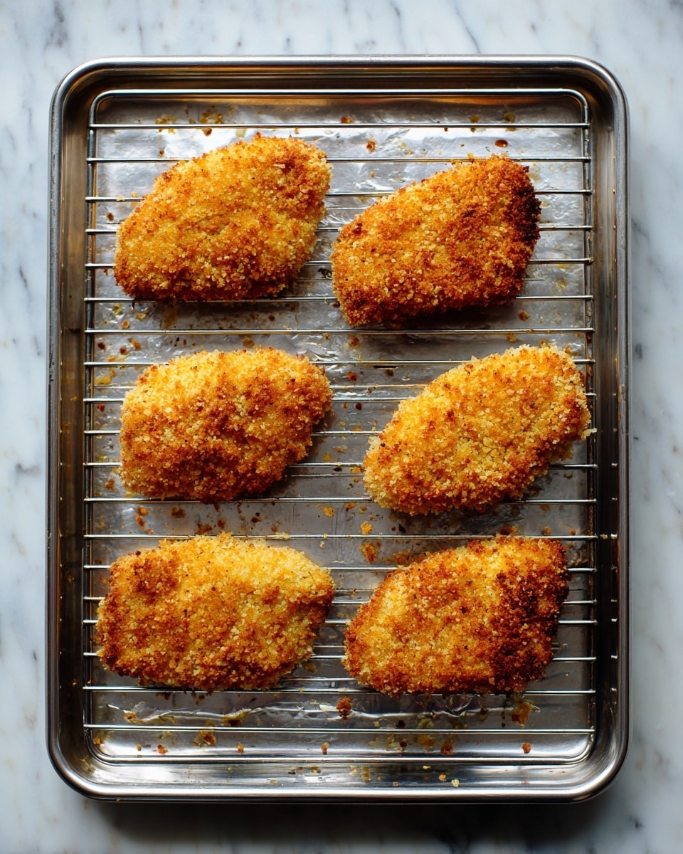 The image shows six pieces of breaded chicken placed on a silver wire rack inside a silver baking tray. Each chicken piece has a coarse, crumbly golden-brown crust covering the entire top surface, with a textured and uneven look. The pieces are arranged in two rows of three, evenly spaced on the rack. The metal rack has a shiny finish with slight reflections, and the baking tray underneath has a foil-lined appearance showing some crumbs scattered around. The background is a white marbled surface, creating a clean and bright setting. photo taken with an iphone --ar 4:5 --v 7