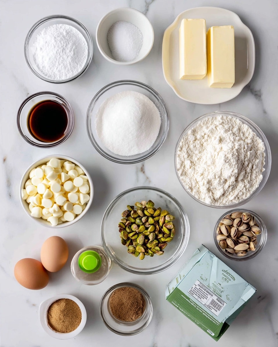 The image shows ingredients for baking arranged on a white marbled surface. From the top left, there is a small clear glass bowl with salt, next to it a small glass bowl with dark brown vanilla extract. Below is a small bowl with white baking soda and a larger clear bowl filled with white sugar. To the right, a white round plate holds two sticks of unsalted butter. Next to it is a large clear bowl with white all-purpose flour. Below the flour, there is another clear bowl filled with white chocolate chips, and beside it a smaller bowl with greenish-brown pistachios. Below the sugar bowl are small bowls of brown sugar and green food coloring bottle. In the center is a clear bowl with two raw eggs, and in the bottom center is a green and white box of pistachio pudding mix. Everything is neatly spaced and well-lit. photo taken with an iphone --ar 4:5 --v 7