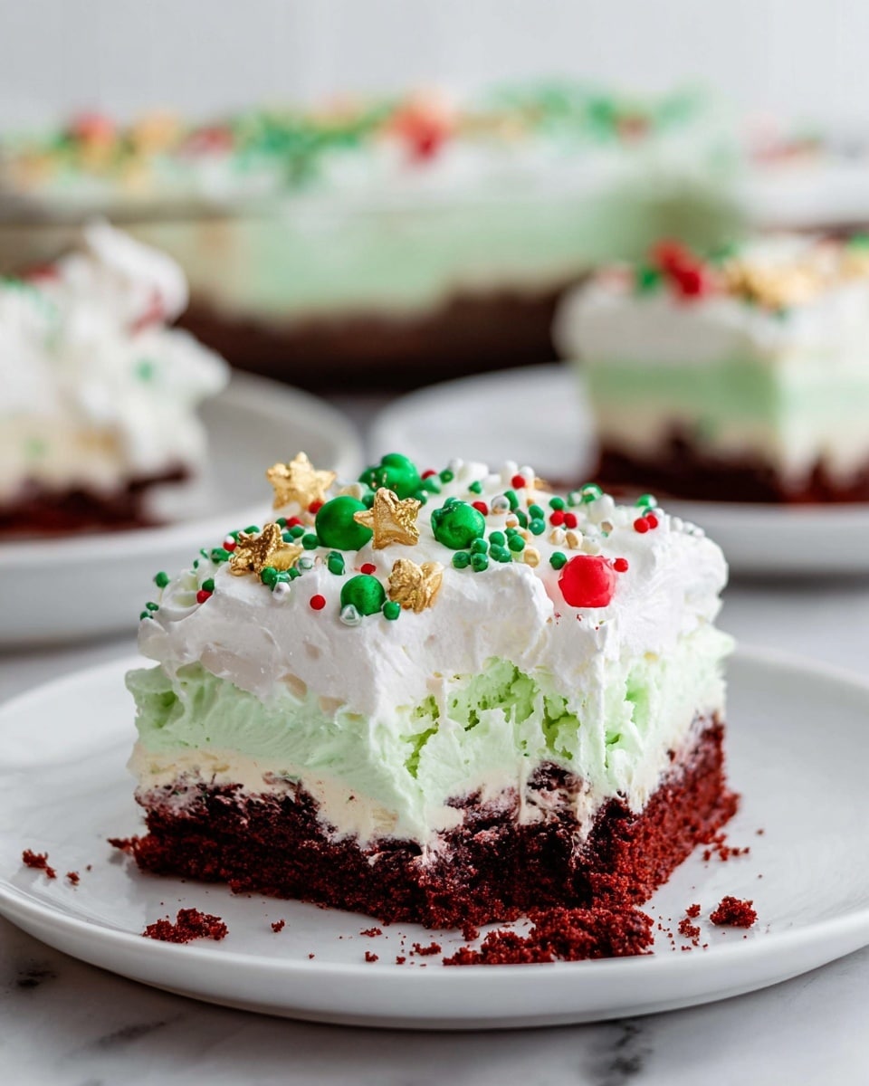 The image shows a square piece of dessert with three visible layers on a white plate. The bottom layer is a dark red, moist cake base with a soft texture. Above it is a thick layer of white, fluffy cream mixed with a light green swirled cream layer. The top layer is white whipped cream decorated with green, red, and gold small sprinkles, including tiny spheres and stars. The dessert has some crumbs and cream smudges around it on the plate. The background has a white marbled texture with a blurred view of more dessert pieces in the distance. Photo taken with an iphone --ar 4:5 --v 7