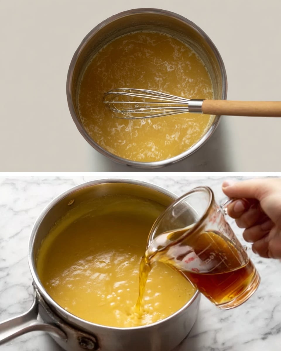 The first image shows a silver pot filled with a thick yellow sauce bubbling gently as a metal whisk stirs it inside. The pot is on a white marbled surface. The second image shows a woman's hand pouring a clear brown liquid from a glass measuring cup into the same thick yellow sauce in the same silver pot, while a wooden spoon stirs the mixture, the scene also set on a white marbled surface photo taken with an iphone --ar 4:5 --v 7