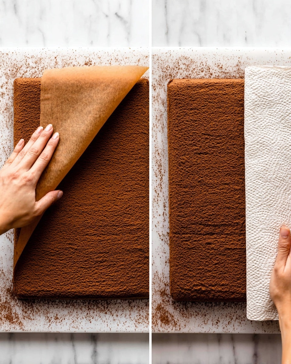 The image is split into two side-by-side parts showing a thin layer of dark brown sponge cake. On the left side, a woman's hand is peeling off a thin, matching brown paper layer from the top left corner of the rectangular cake, revealing the textured sponge underneath. The sponge cake looks softly porous and evenly baked, with some cocoa powder sprinkled lightly around the edges on a white marbled surface. On the right side, two woman's hands are using a white textured cloth to gently roll the sponge cake from the right edge toward the center, creating a soft fold in the dark brown layer. Photo taken with an iphone --ar 4:5 --v 7