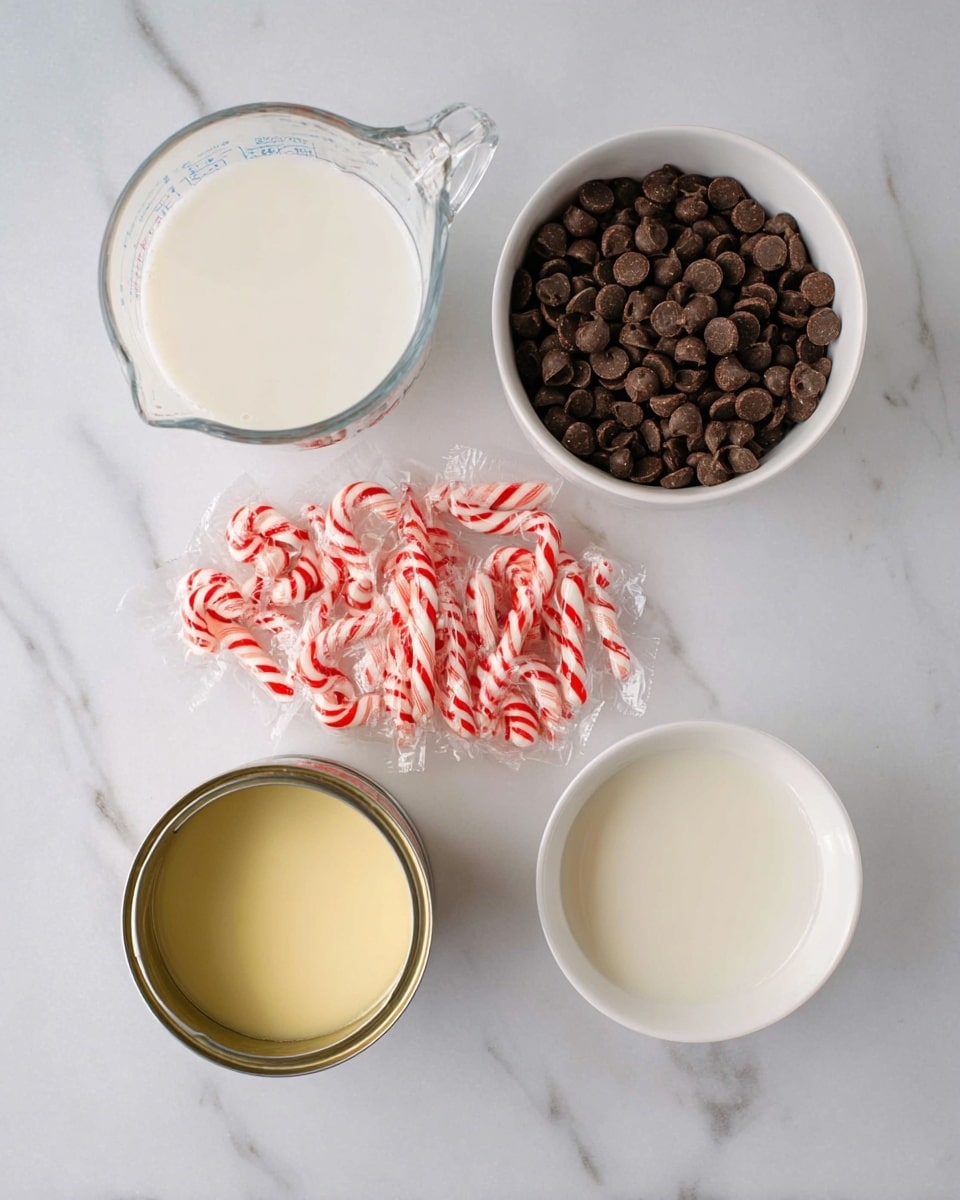 The image shows a top-down view of five groups of ingredients arranged on a white marbled surface: a clear glass measuring cup filled with white milk at top left, a white bowl filled with dark brown chocolate chips to its right, a scattered pile of individually wrapped small candy canes with white and red stripes below the chocolate chips, an open can showing light yellow condensed milk at bottom left, and a white bowl filled with light cream or milk at bottom right. The light and shadows are soft, and all items are neatly spaced. photo taken with an iphone --ar 4:5 --v 7