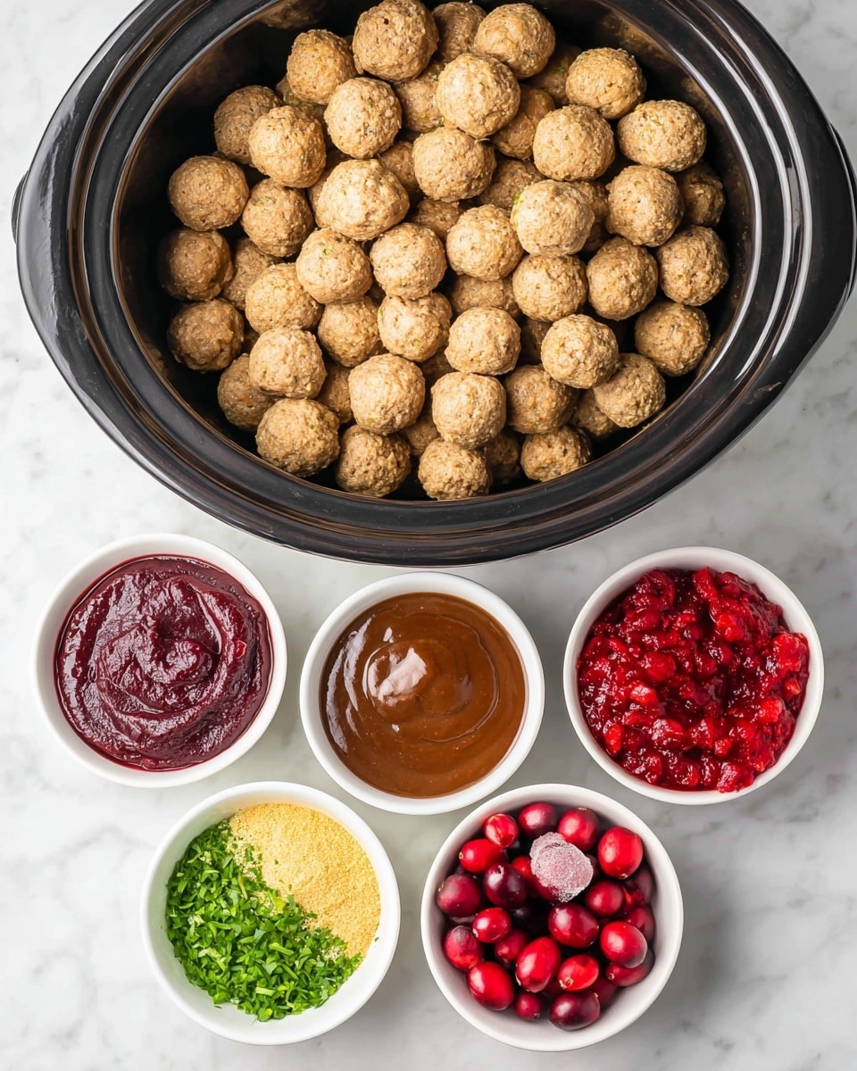 A large black pot is filled with many small, light brown textured balls stacked inside. In front of the pot, six small white bowls are arranged on a white marbled surface. The bowls contain different ingredients: the top left bowl has smooth dark reddish paste, the top middle bowl holds thick glossy brown sauce, the top right bowl has chunky bright red sauce, the bottom left bowl contains light yellow powder, the bottom middle bowl is filled with finely chopped green herbs, and the bottom right bowl holds whole bright red cranberries with one frozen cranberry on top. The arrangement is clean and organized. photo taken with an iphone --ar 4:5 --v 7