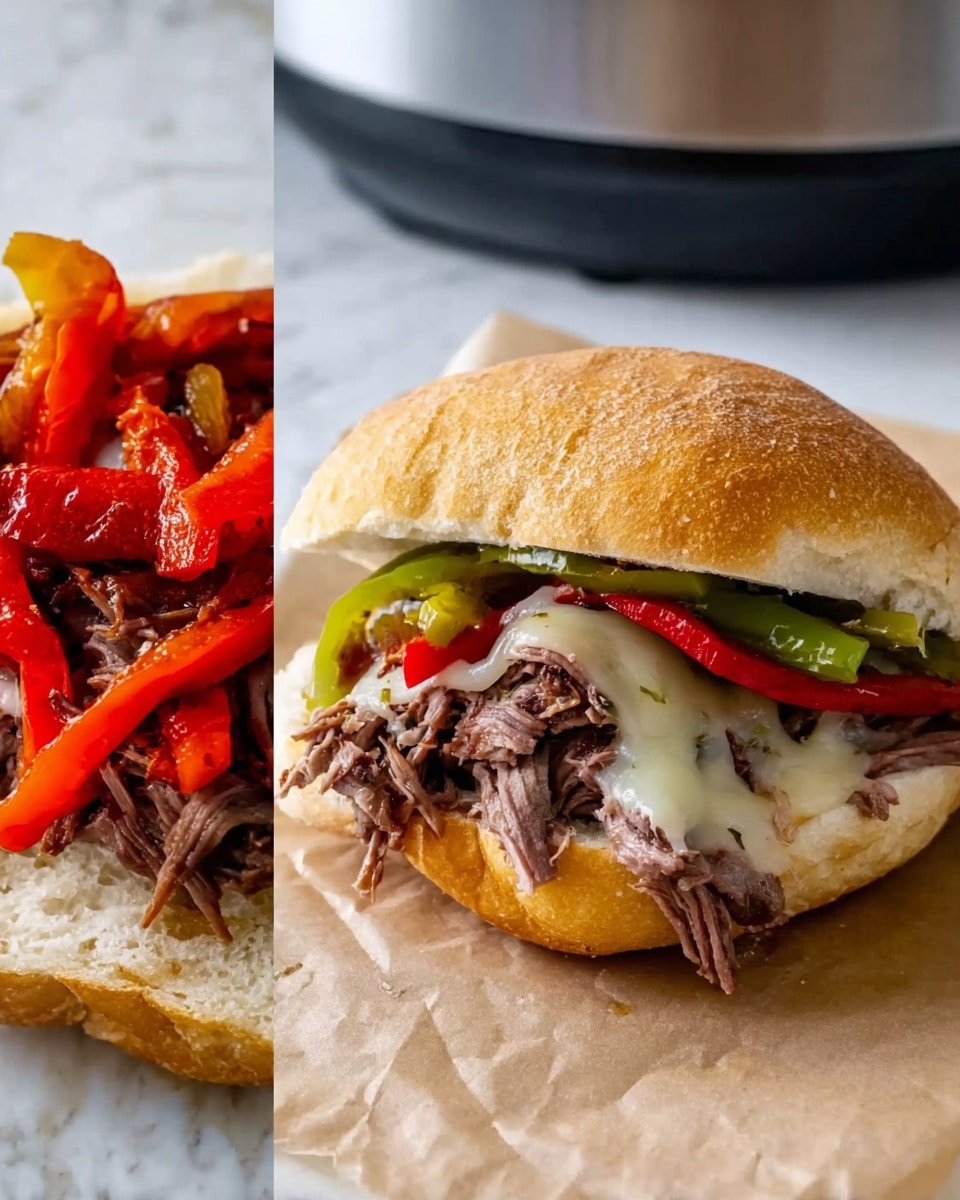 The image shows a sandwich with a soft, slightly toasted white bun. The bottom layer is shredded brown slow-cooked meat placed on the bun, topped with melted light yellow cheese. Above the cheese are bright green sliced pickled peppers and vibrant red strips of roasted red peppers. The sandwich is positioned on light brown parchment paper on a white marbled surface. Photo taken with an iphone --ar 4:5 --v 7