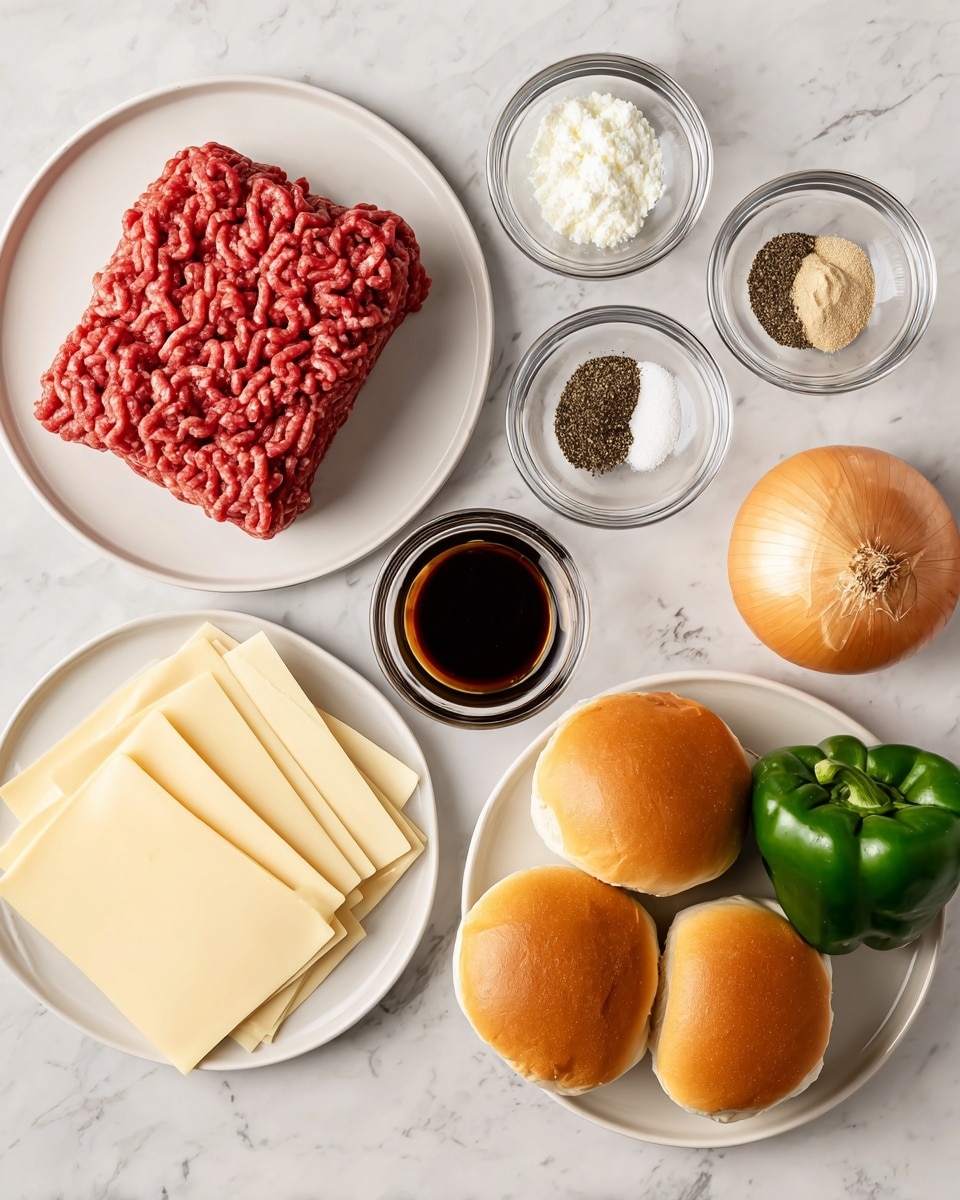 The image shows several ingredients arranged neatly on a white marbled surface. On the top left, there is a white plate holding a block of raw ground beef with a textured, red color. To the right, small clear glass bowls contain white salt, light brown garlic powder, and black pepper, arranged in a small cluster. Below these, a dark brown liquid Worcestershire sauce is in a small glass bowl. On the bottom right, three golden brown hoagie rolls sit on a white plate, their smooth tops slightly cracked. At the bottom left, multiple smooth round slices of pale yellow provolone cheese lay layered on a white plate. Next to the cheese, a whole light brown onion and a green bell pepper rest side by side. The whole scene is set against a white marbled background, giving a clean and fresh look. Photo taken with an iphone --ar 4:5 --v 7