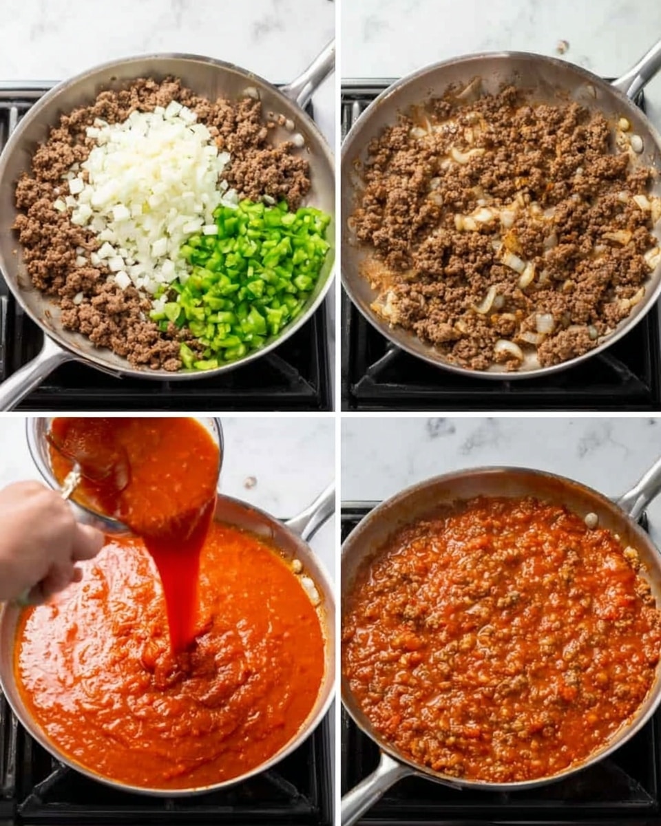 The image shows four steps of cooking a dish in a silver metal pan on a stove with a white marbled background. The first layer has browned ground meat spread in the pan, topped with chopped white onions and bright green chopped peppers placed on the left side, with a woman's hand about to stir. The second layer is the meat mixed evenly with the small onion and green pepper pieces still visible on top. The third layer shows thick red sauce being poured in large amounts over the meat by a woman's hand holding a spoon. The final layer is the sauce fully combined with the meat, covering the whole pan with an orange-red textured mix that looks thick and hearty. Photo taken with an iphone --ar 4:5 --v 7