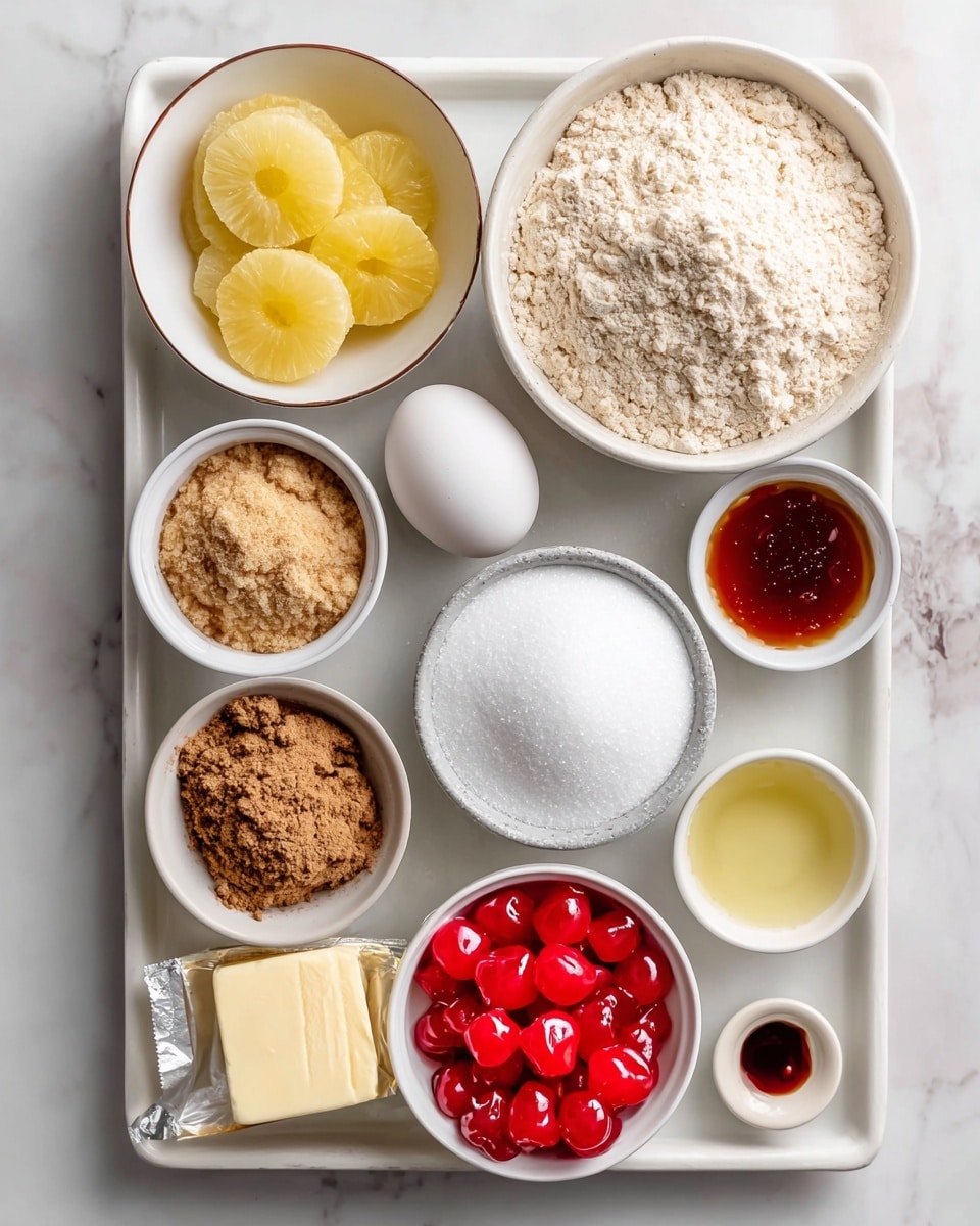 A white metal tray holds an assortment of ingredients in white bowls arranged neatly on a white marbled surface. In the top right is a large bowl filled with pale beige all-purpose flour with a slightly grainy texture. Below it and to the right is a medium bowl with white granulated sugar, smooth and fine. Next to it, there's a bowl with yellow pineapple rings, translucent and glistening. Below the flour on the left is a bowl of light brown sugar, coarse and clumpy. Above that is a small round bowl with brown baking powder and soda powder mixed. To the right is a small white bowl filled with bright red maraschino cherries, shiny and wet. Next to it is a small stick of pale yellow butter in its paper wrapper. Above that is a white bowl with powdered sugar, very fine and soft. To its right is a small bowl filled with clear yellow vegetable oil with a glossy surface. Next to it is a tiny bowl with brown vanilla extract. Finally, in the center is a single white egg resting directly on the tray. The whole scene is lit with bright natural light, photo taken with an iphone --ar 4:5 --v 7