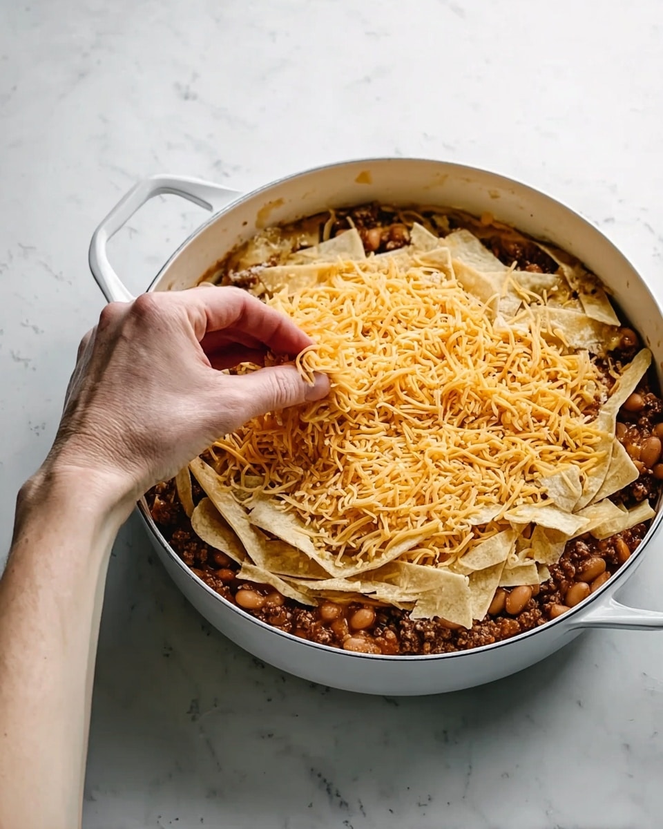 A white round pan holds a layered dish starting with cooked beans and brown meat at the bottom, topped with a layer of flat, light beige tortilla strips arranged loosely. On top, a woman's hand sprinkles shredded orange cheese evenly over the dish. The pan is on a surface with a white marbled texture, and the overall look shows a warm, home-cooked meal with textured layers of beans, meat, tortillas, and cheese. photo taken with an iphone --ar 4:5 --v 7