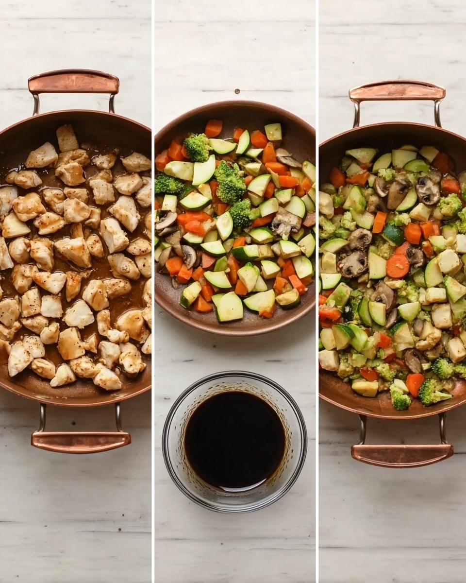 The first image shows a close-up of small cooked white chicken pieces with light brown edges in a copper-colored pan with two handles on a white marbled surface. The second image shows the same pan now filled with a colorful mix of cooked vegetables including green broccoli, sliced zucchini, orange carrot pieces, white mushrooms, and the chicken pieces, all mixed together. The third image shows a small clear glass bowl filled with dark brown soy sauce placed on the white marbled surface. photo taken with an iphone --ar 4:5 --v 7