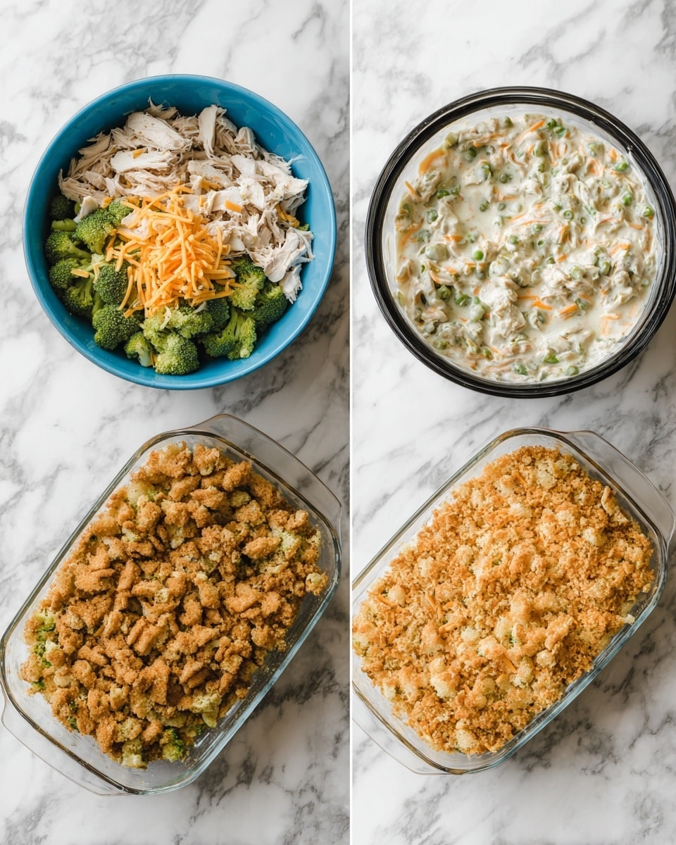 The image shows a three-step process of making a layered casserole on a white marbled surface. On the left, a bright blue bowl contains shredded white chicken, green broccoli florets, and shredded orange cheese, with a black bowl of crumbled brown stuffing placed above it. In the middle, a clear glass dish is filled with a creamy white mixture with visible bits of green broccoli and orange shredded cheese, while the black bowl of stuffing remains next to it. On the right, the same clear glass dish has a final layer of golden-brown stuffing spread evenly on top, ready to be baked. photo taken with an iphone --ar 4:5 --v 7