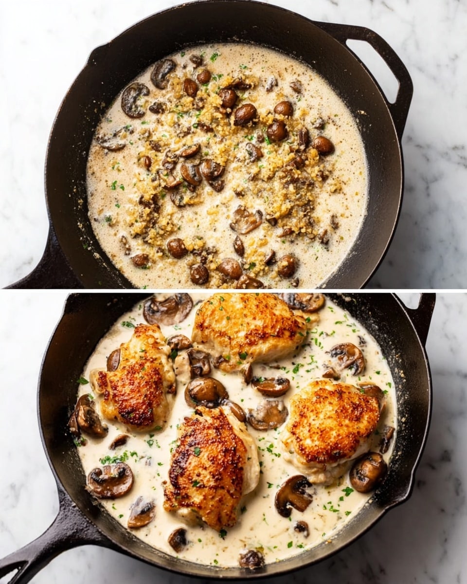 The image shows a black cast iron pan on a white marbled surface, first with lightly browned minced garlic and small mushroom pieces cooking in oil, then filled with four golden browned chicken pieces sitting in a creamy white sauce with sliced brown mushrooms spread evenly around and between the chicken. The textures of the chicken are crispy on the outside while the sauce looks smooth and thick. Photo taken with an iphone --ar 4:5 --v 7