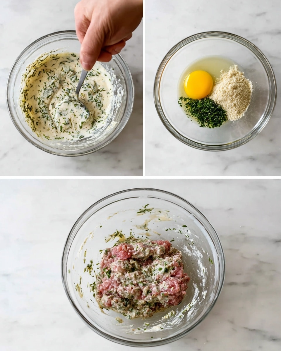 The first image shows a clear glass bowl on a white marbled surface, filled with a creamy white mixture sprinkled with green herbs, with a woman's hand holding a spoon scooping some of it. The second image shows the same style clear glass bowl on the white marbled surface, containing raw ground meat, a yellow egg yolk, crumbled beige mixture, salt, black pepper, and green herbs, all unmixed. The third image shows the glass bowl again on the white marbled surface, now with all the ingredients blended into a smooth, pinkish meat mixture with green herbs spread evenly throughout. Photo taken with an iphone --ar 4:5 --v 7