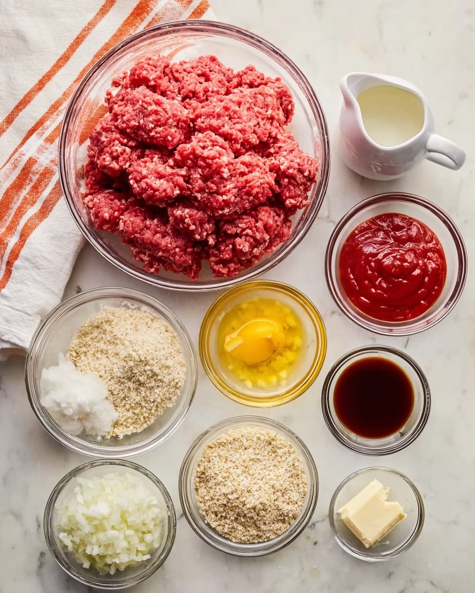 The image shows a clear glass bowl on the left filled with red raw ground meat with a slightly chunky texture. Surrounding the bowl are smaller clear glass bowls holding different ingredients: bright red ketchup with a smooth texture, finely chopped white onions, light beige dry breadcrumbs with a grainy texture, a bright yellow beaten egg mixture, white crumbly cheese, dark brown liquid soy sauce, fine white salt, and a small amount of pale yellow minced garlic. There is also a small white pitcher with a handle containing a white liquid, likely milk. In the top left corner, a white towel with orange stripes is partially visible. All items are arranged on a white marbled surface. Photo taken with an iphone --ar 4:5 --v 7