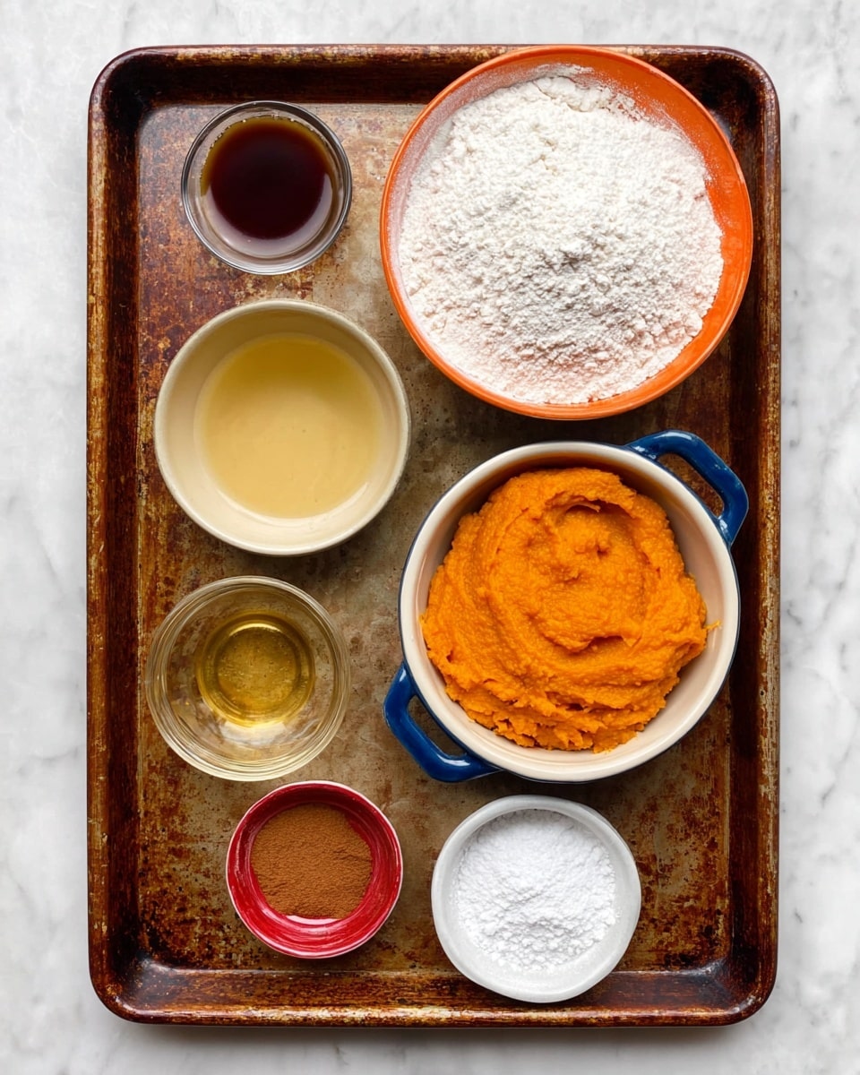 A rusty brown baking tray holds six small bowls with different ingredients, placed on a white marbled texture. At the top center is a round bowl with an orange rim, filled with white flour that has a soft powdery texture. To the right below is a white bowl with blue handles filled with bright orange pumpkin puree, smooth and thick. On the left side, a small pale yellow bowl contains a dark brown liquid, and below it is a small clear glass bowl filled with a light golden liquid. At the bottom center, a small red bowl holds finely ground brown cinnamon powder. Finally, at the bottom right, a small white bowl contains white baking soda and baking powder mix, showing a fine powder texture. photo taken with an iphone --ar 4:5 --v 7