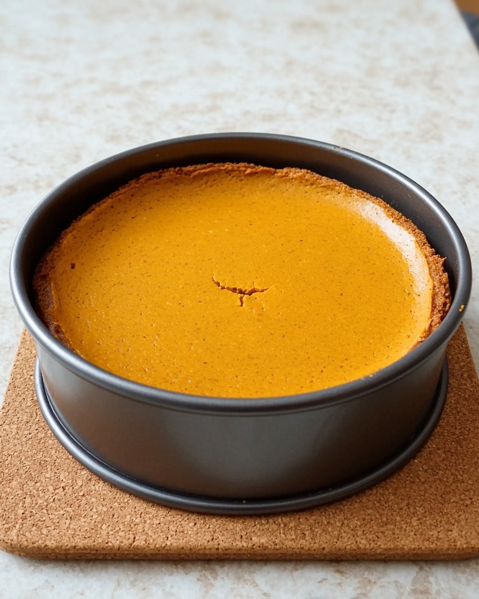 A round, single-layer pumpkin pie with a smooth, rich orange filling sits inside a dark gray springform pan. The pie surface is even with a small crack in the center, showing a soft texture. The pan rests on a square cork pad, placed on a white marbled surface. photo taken with an iphone --ar 4:5 --v 7