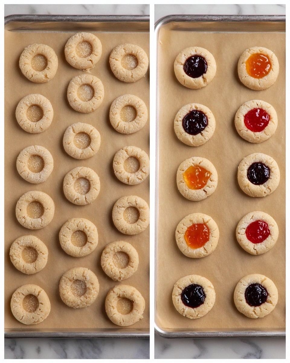 The image shows two metal baking trays lined with brown parchment paper on a white marbled surface. The left tray has 20 round cookie dough pieces arranged in a scattered grid. Each cookie is light beige with a small, even well pressed in the center. The dough looks soft and smooth. The right tray shows the same arrangement, but the wells of the cookies are filled with different colored jams: dark purple, bright red, and orange. Each dollop of jam is shiny and sits neatly in the center of the cookie dough. photo taken with an iphone --ar 4:5 --v 7