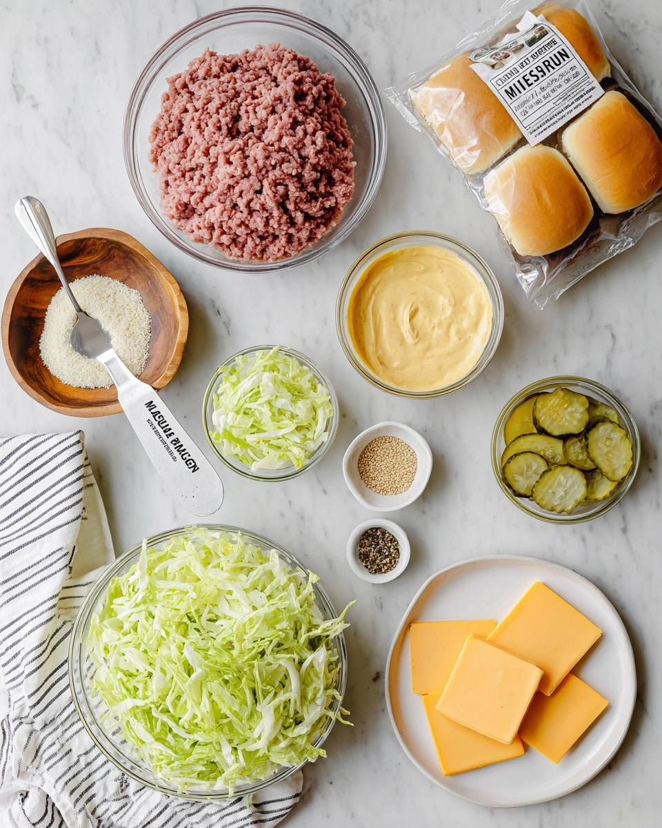 This image shows ingredients laid out for making sliders arranged on a white marbled surface. There is a clear glass bowl filled with raw ground meat, next to a white bowl with a yellow creamy sauce and a metal spoon inside. Below the sauce is a small clear bowl with sliced pickles, and to the left, there is a large clear bowl filled with shredded green lettuce. A wooden bowl holds coarse white salt with a metal teaspoon labeled