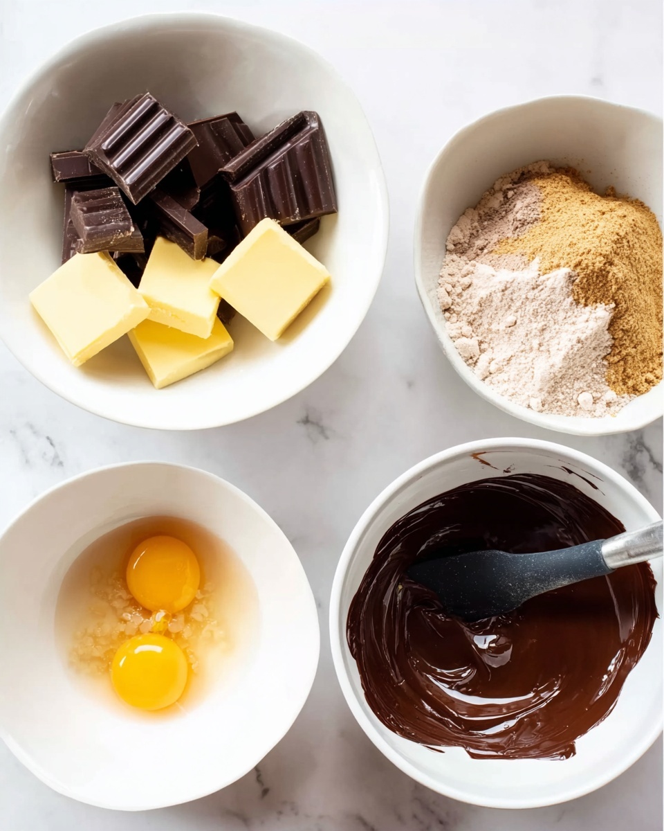 The image shows two views of baking ingredients in clean white bowls on a white marbled surface. On the left, one white bowl contains squares of dark chocolate and yellow butter placed side by side. On the right, there are three white bowls: the top one has a mixture of powdery ingredients with a light brown color, the middle one holds smooth, melted dark chocolate with a black spatula resting inside, and the bottom bowl contains two raw eggs, light brown sugar, and a sticky golden syrup. The scene is bright and clean, ready for mixing. photo taken with an iphone --ar 4:5 --v 7