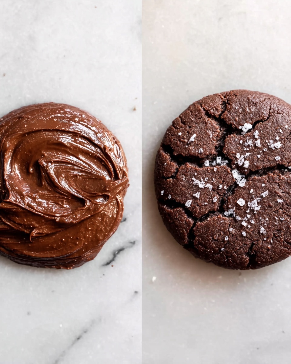 The image shows two side-by-side views of a chocolate cookie making process on a white marbled surface. On the left is a single round dollop of dark brown, shiny chocolate dough with a smooth, slightly thick texture and some swirled patterns on top. On the right is the finished cookie, round and flat with a cracked, matte dark brown surface featuring deeper dark crevices and a sprinkling of coarse white salt flakes on top. photo taken with an iphone --ar 4:5 --v 7