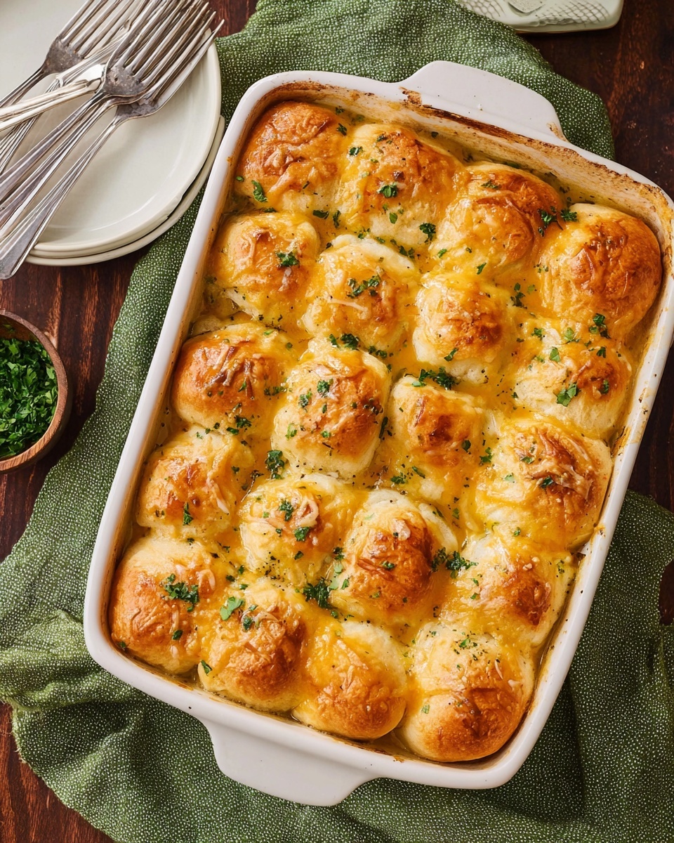 The image shows a white rectangular baking dish filled with 15 golden-brown baked rolls arranged in three rows of five. Each roll has a shiny, slightly crispy crust with some melted cheese and small green herb sprinkles on top. The rolls are close together, covering the sauce underneath, which slightly peeks out at the edges. The dish sits on a dark wooden surface, surrounded by a green cloth and a small bowl of green herbs. Near the dish, there is a white plate with three silver forks. The setting is bright and homey. Photo taken with an iphone --ar 4:5 --v 7
