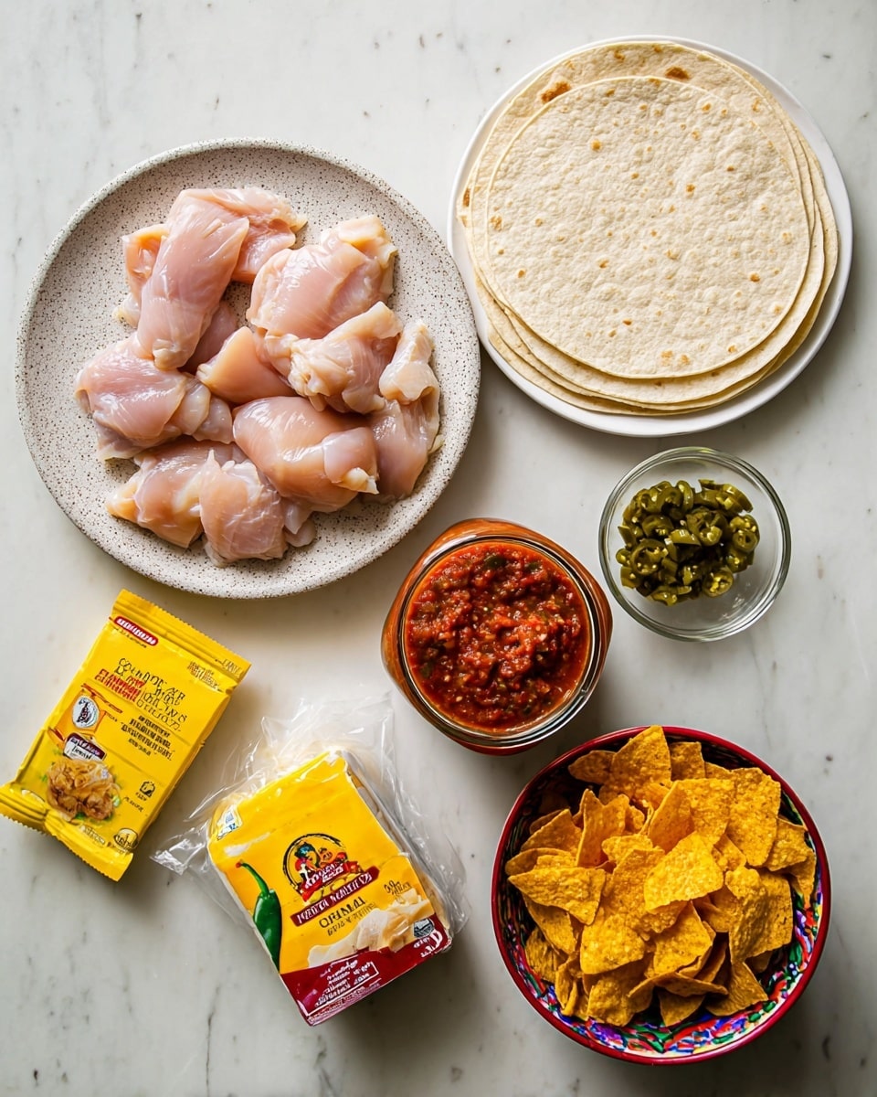 The image shows raw chicken pieces on a speckled plate with four tortillas stacked on a white plate above it. To the right, there is a jar of red chunky salsa and a small clear bowl with chopped green chilies. Below the chicken plate, two yellow taco seasoning packets lay next to a wrapped block of cream cheese. A colorful bowl filled with crunchy corn chips is in the bottom right corner. All items are arranged on a white marbled surface. photo taken with an iphone --ar 4:5 --v 7