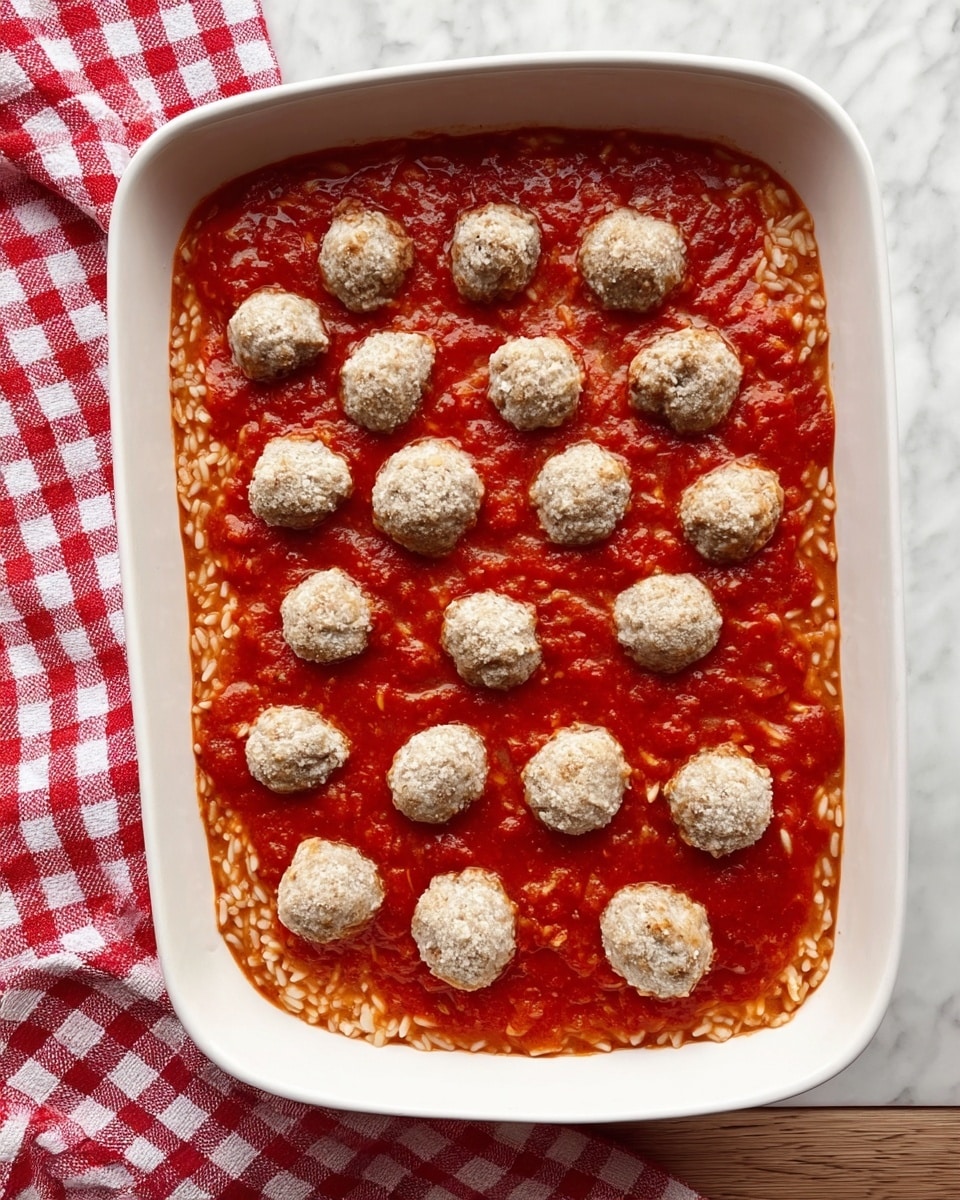 A white rectangular baking dish holds one layer of red tomato sauce mixed with cooked white rice that fills the bottom. On top, there are evenly spaced small round meatballs, pale brown in color with a lightly floured texture. The dish sits on a white marbled surface with a red and white checkered cloth partially visible underneath. Photo taken with an iphone --ar 4:5 --v 7