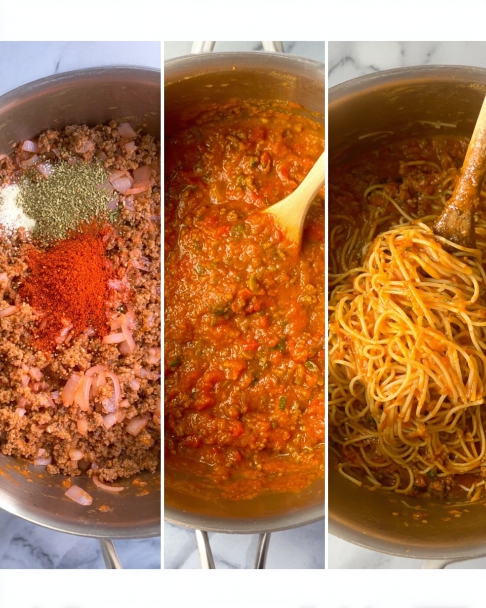 The image shows three stages of making spaghetti sauce in a large metal pot on a white marbled surface. The first stage shows raw ground meat mixed with chopped onions and a red spice powder sprinkled on top. The second stage shows a thick, orange-red sauce with the meat fully mixed in, and a wooden spoon stirring the sauce. The third stage shows cooked spaghetti noodles mixed into the sauce, all coated evenly, with the wooden spoon lifting some noodles. Photo taken with an iphone --ar 4:5 --v 7