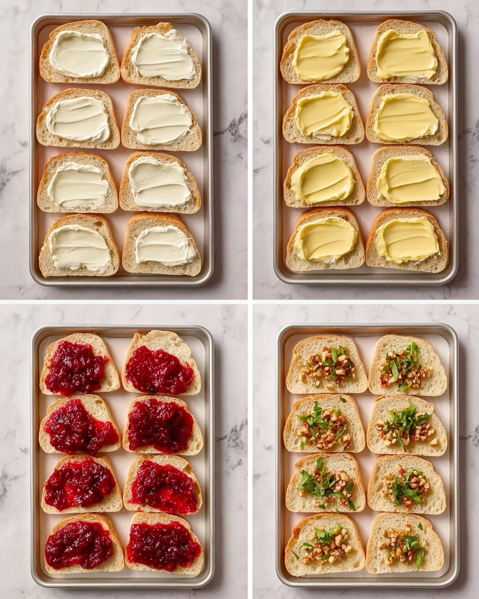The image shows four trays placed side by side on a white marbled surface. Each tray is filled with small slices of white bread arranged neatly in rows. The first tray has a single layer of thick white spread on each bread slice, smooth and creamy. The second tray shows the same bread slices with a layer of light yellow spread, slightly shiny, replacing the first spread. In the third tray, a bright red chunky topping is added on each slice over the yellow spread. The last tray has the same red topping but with green herb leaves and small crunchy pieces sprinkled on top, adding texture and color contrast. photo taken with an iphone --ar 4:5 --v 7