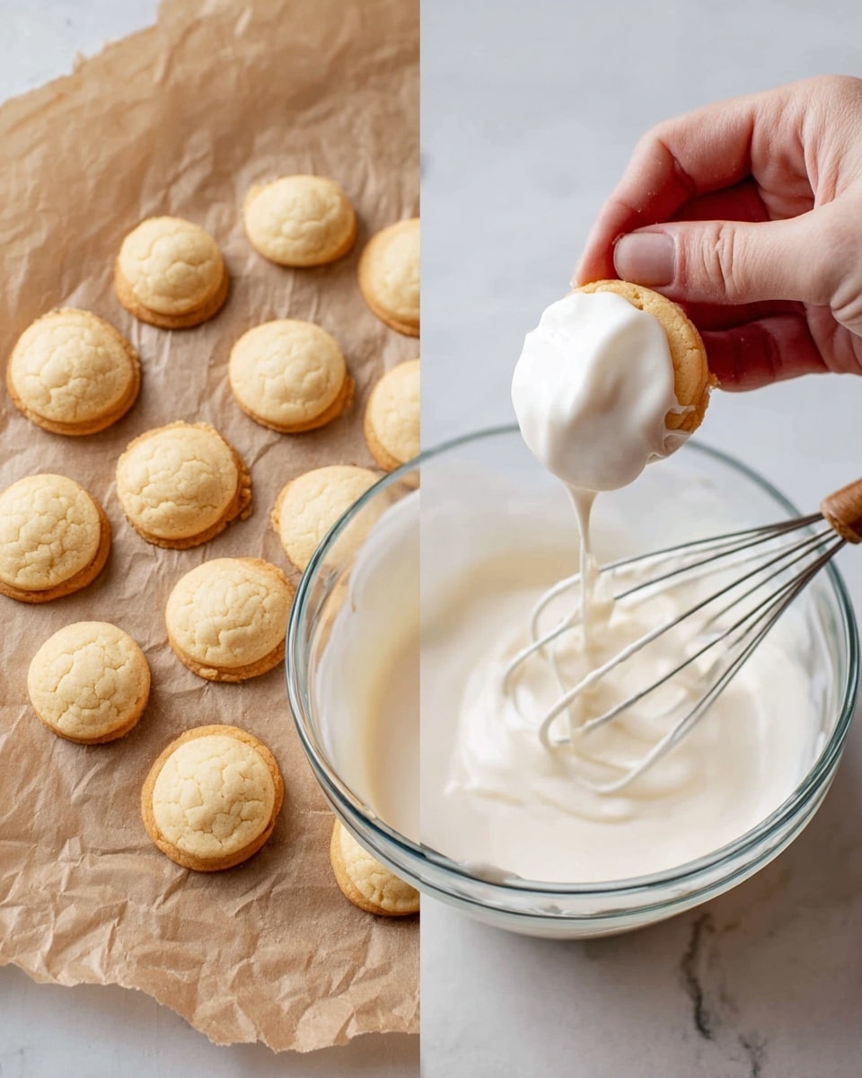 A clear glass bowl filled with smooth white icing sits in the center on a piece of brown parchment paper, surrounded by 16 small round light golden cookies evenly spaced in a circle. Inside the bowl is a wire whisk coated with some icing. On the right side, a woman's hand is holding one cookie dipped halfway in the white icing, which is dripping down smoothly, with a blurry white marbled surface in the background. photo taken with an iphone --ar 4:5 --v 7