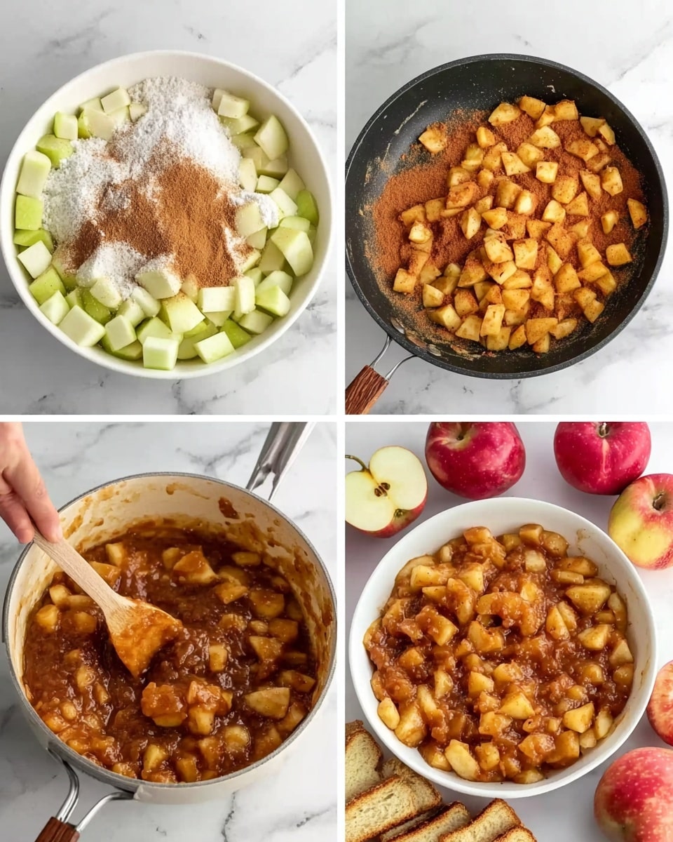 The image is divided into four parts showing the process of making a cooked apple dish. The top left shows a white bowl sitting on a white marbled surface filled with roughly three layers: large chunks of peeled green apples forming the base layer, topped with white sugar sprinkled unevenly, and brown sugar and cinnamon powders covering a large part of the apples. The top right shows a black frying pan on a white marbled surface filled with small golden diced apple pieces being stirred with a wooden spoon held by a woman's hand. The bottom left shows the same pan with the apple pieces now coated in a thick caramel-colored sauce being stirred again by the woman's hand with the wood spoon. The bottom right shows a white bowl filled to the brim with the thick apple mixture, placed on a white marbled surface with red apples and slices of bread around it. photo taken with an iphone --ar 4:5 --v 7