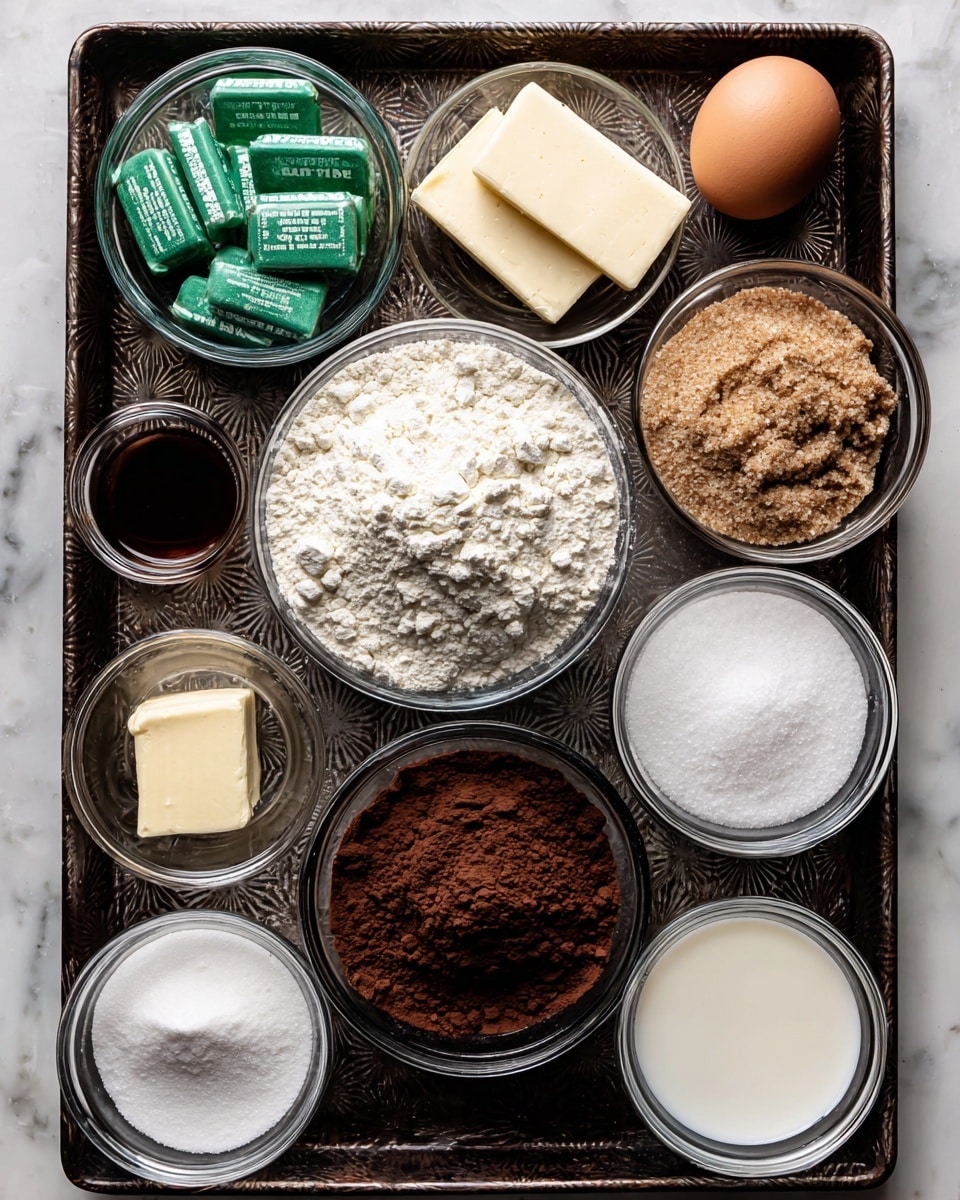 A dark metal tray with a textured pattern holds nine clear bowls and containers, each with different baking ingredients. The largest bowl near the center has white flour with a crumbly texture on top. Below it, a bowl filled with deep brown cocoa powder shows a fine and slightly clumped texture. To the left, a bowl contains green wrapped Andes chocolate mints. Above the flour, a bowl of light brown crumbly brown sugar sits next to two sticks of pale yellow butter. A larger bowl with white granulated sugar is on the right side. Near the top left corner, a small clear cup holds dark vanilla liquid beside a brown egg. Below the egg, a small bowl has light white milk. Two small bowls on the right side contain white salt and white baking soda. The tray rests on a white marbled surface. photo taken with an iphone --ar 4:5 --v 7
