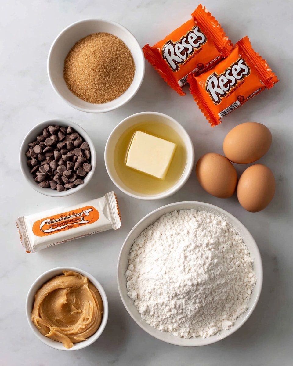 The image shows ingredients neatly arranged on a white marbled surface, ready for baking. There are six main groups: a small white bowl filled with brown and granulated sugar mixed together placed near the top center, three Reese's cups with orange wrappers set to the left side, a stick of butter in its wrapper positioned below the sugar and Reese's cups, a small white bowl with peanut butter and vanilla to the right side, two eggs lying next to a small white bowl filled with peanut butter chips and oil near the bottom left, and a larger white bowl filled with a white powder mixture of flour, baking powder, baking soda, and corn starch positioned bottom right. The photo taken with an iphone --ar 4:5 --v 7