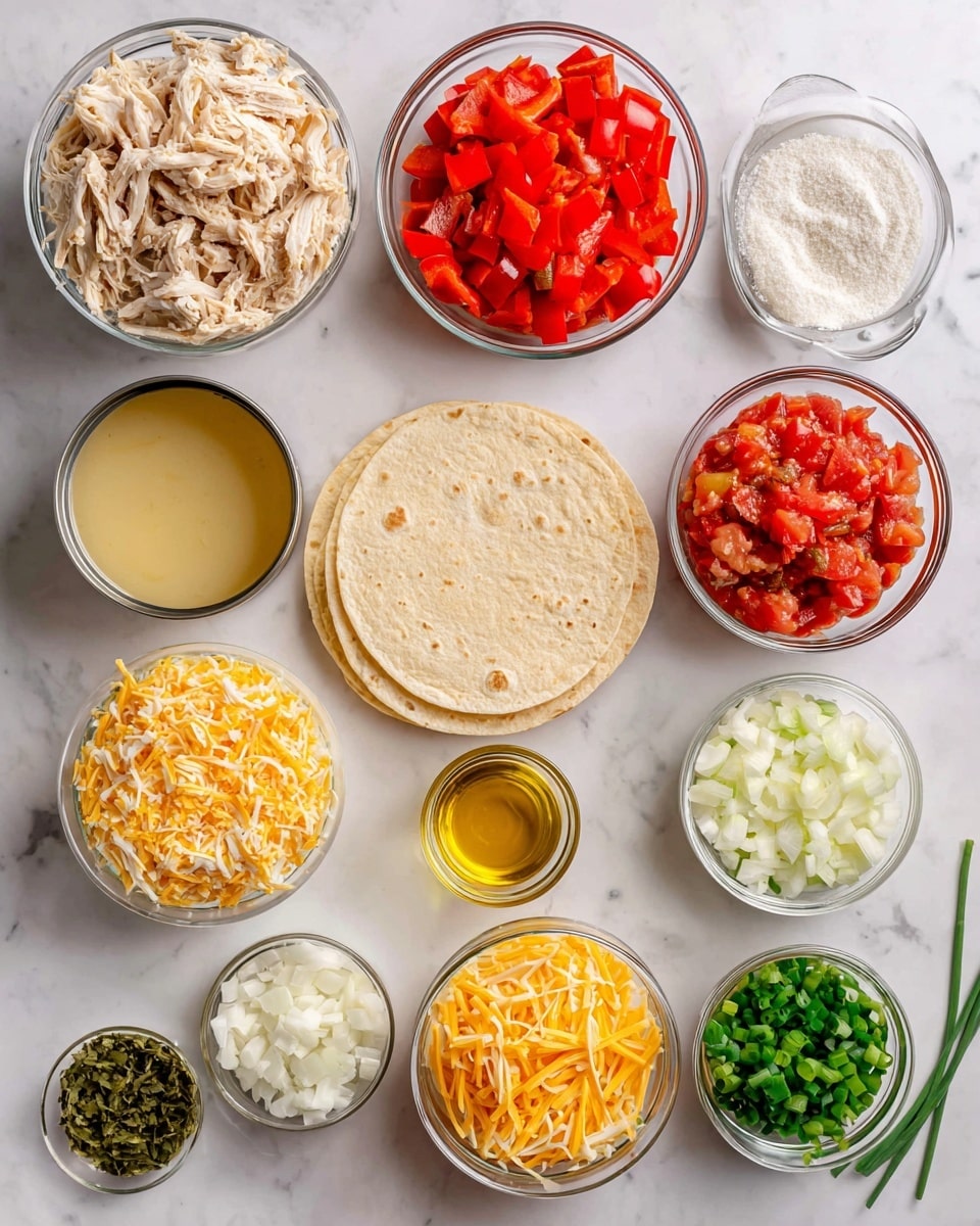 The image shows several clear glass bowls on a white marbled surface, each containing different ingredients. In the top left bowl, there is shredded cooked chicken with a pale tan color. Next to it on the right is a bowl of bright red diced bell peppers. To the right of the peppers is a bowl filled with chunky red diced tomatoes. Below the tomatoes is a small pile of white garlic powder. To the left of the garlic powder is a bowl of light yellow chicken broth. Below the chicken broth are two cans of cream of chicken soup and cream of mushroom soup. Below the shredded chicken is a bowl filled with bright yellow shredded cheddar cheese. To the right of the cheese is a bowl of diced white onions. Below the onions are small green chopped chiles. On the bottom left, several pale yellow corn tortillas are stacked. To the right of the tortillas is a small clear glass dish containing golden olive oil. To the right of the oil is a small bunch of green chives. The overall setup is neat, with a white marbled background. photo taken with an iphone --ar 4:5 --v 7